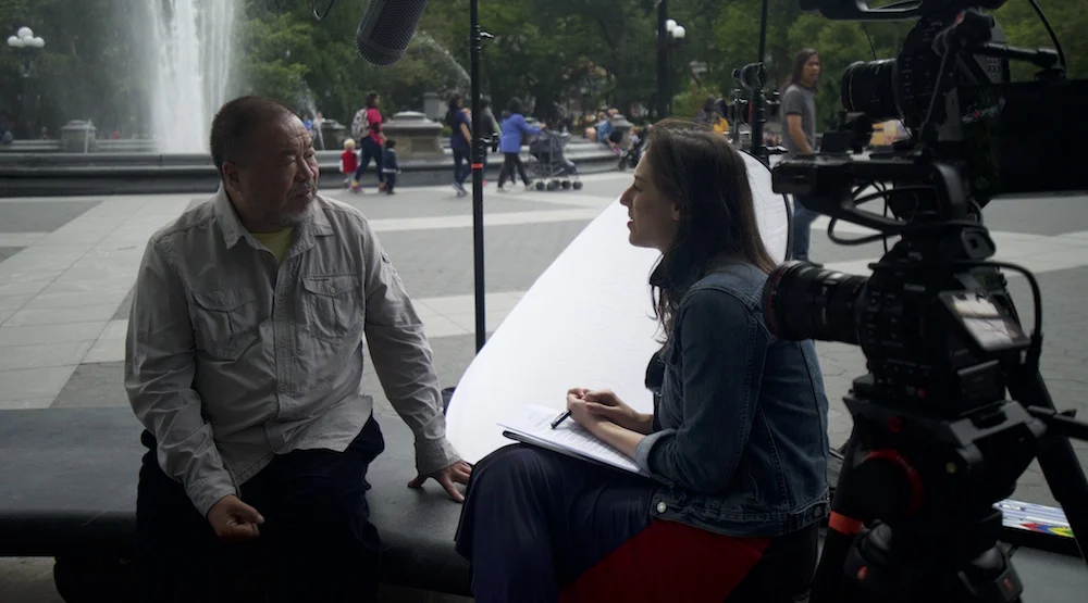 Rachel interviewing Ai Weiwei in 2018; photograph by Jonathan Sanden