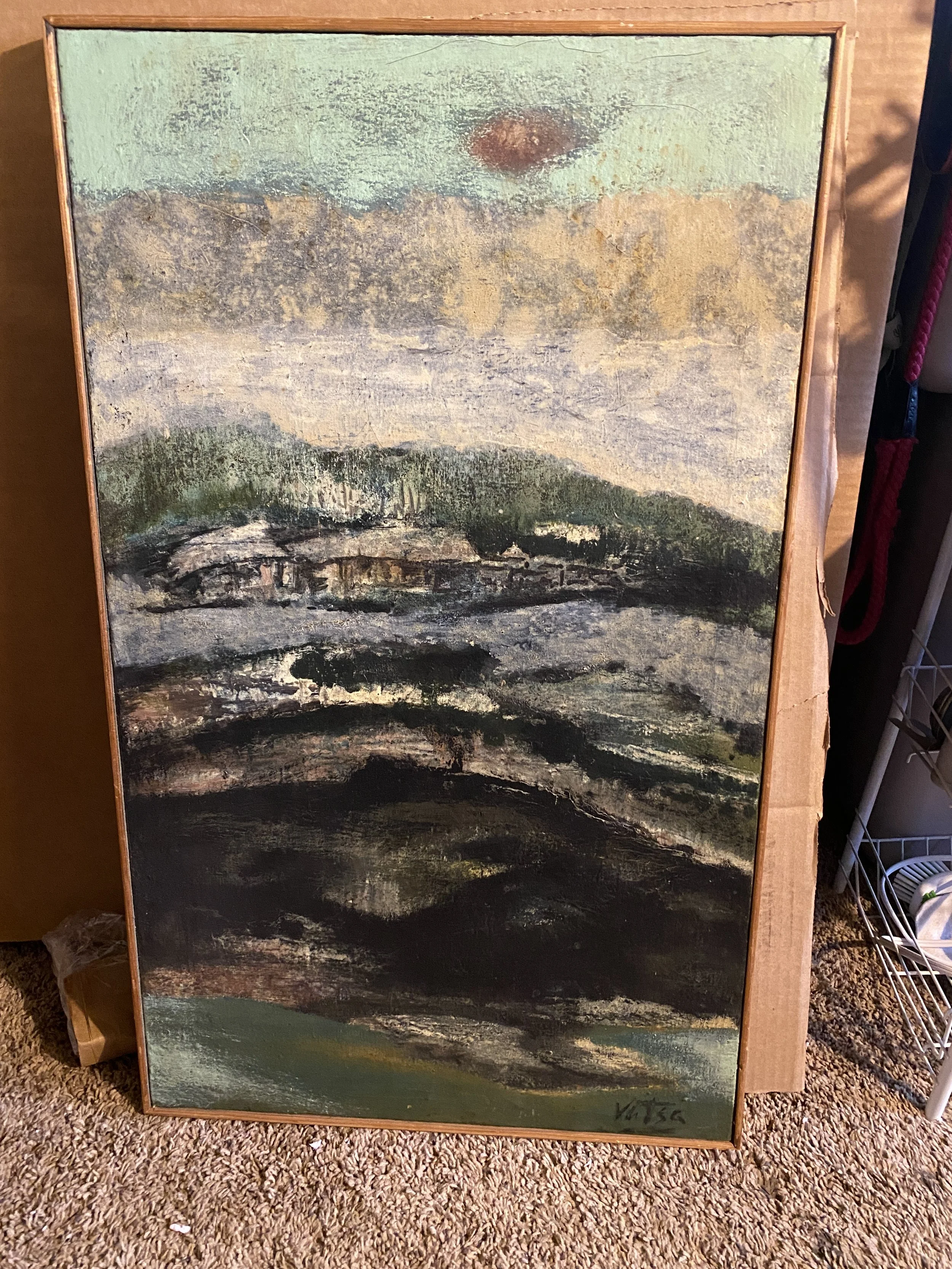 8) Unframed oil on canvas. 31.5x19.5". Sri Vatsa? $800