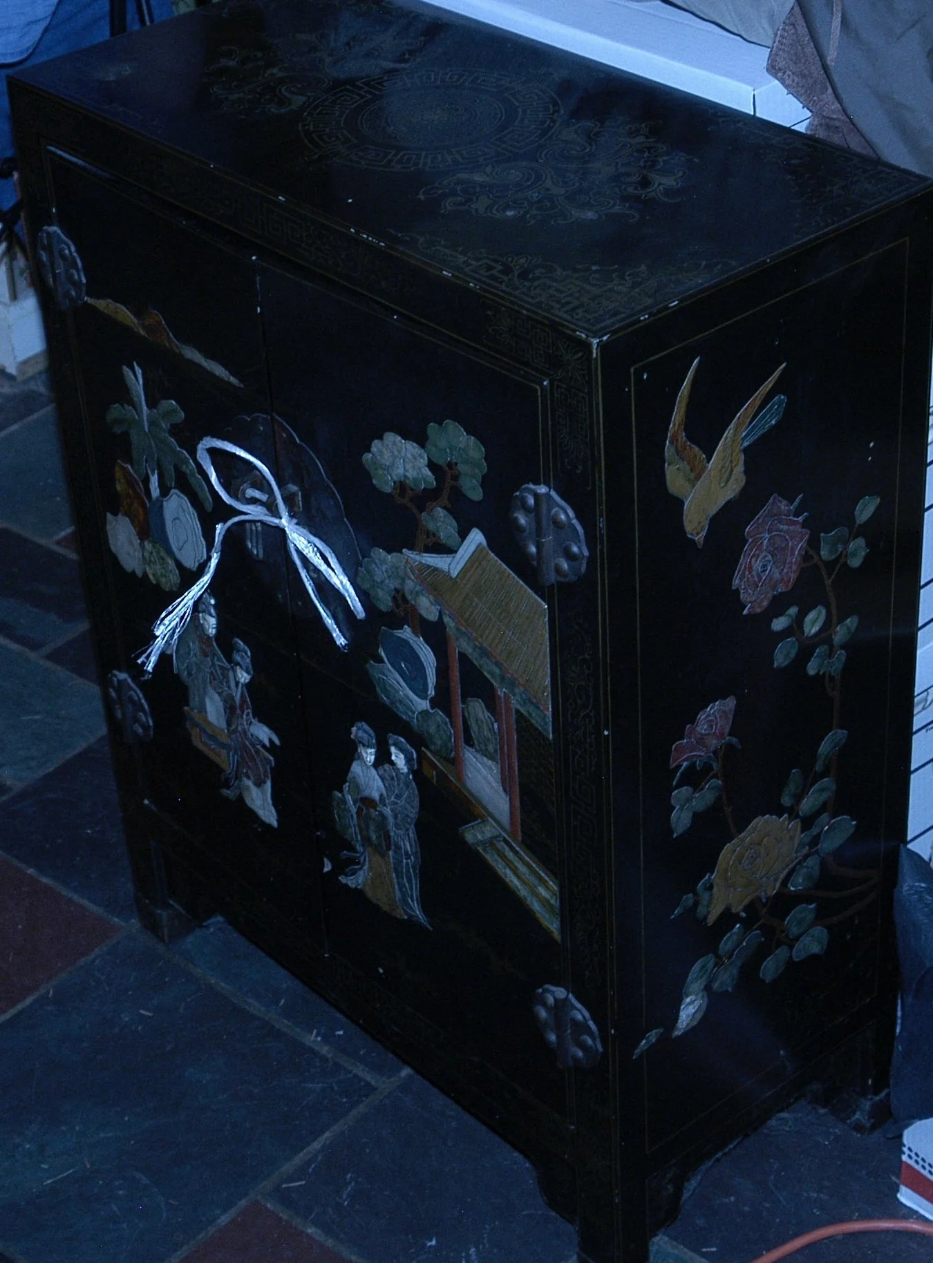 $2500 each (2 available). vintage Chinese side cabinet, black lacquer with handcarved semiprecious stones and handpainting. 30x23x11