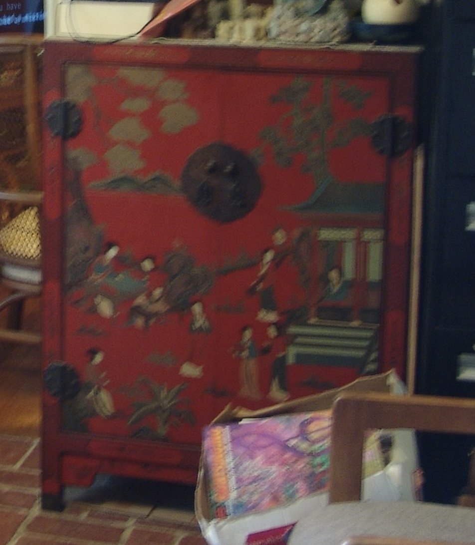 Two red lacquer cabinets, handpainted w/semiprecious stones. 43x15x31