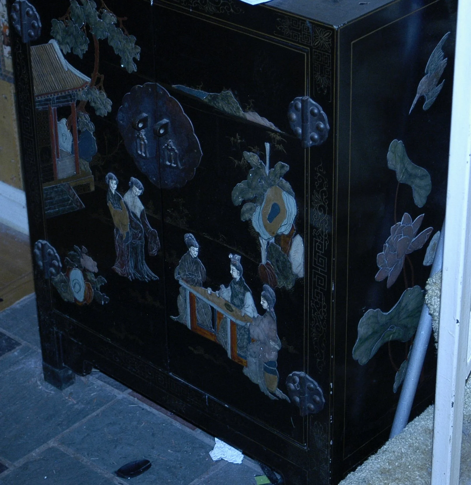 $2500 each (2 available). vintage Chinese side cabinet, black lacquer with handcarved semiprecious stones and handpainting. 30x23x11