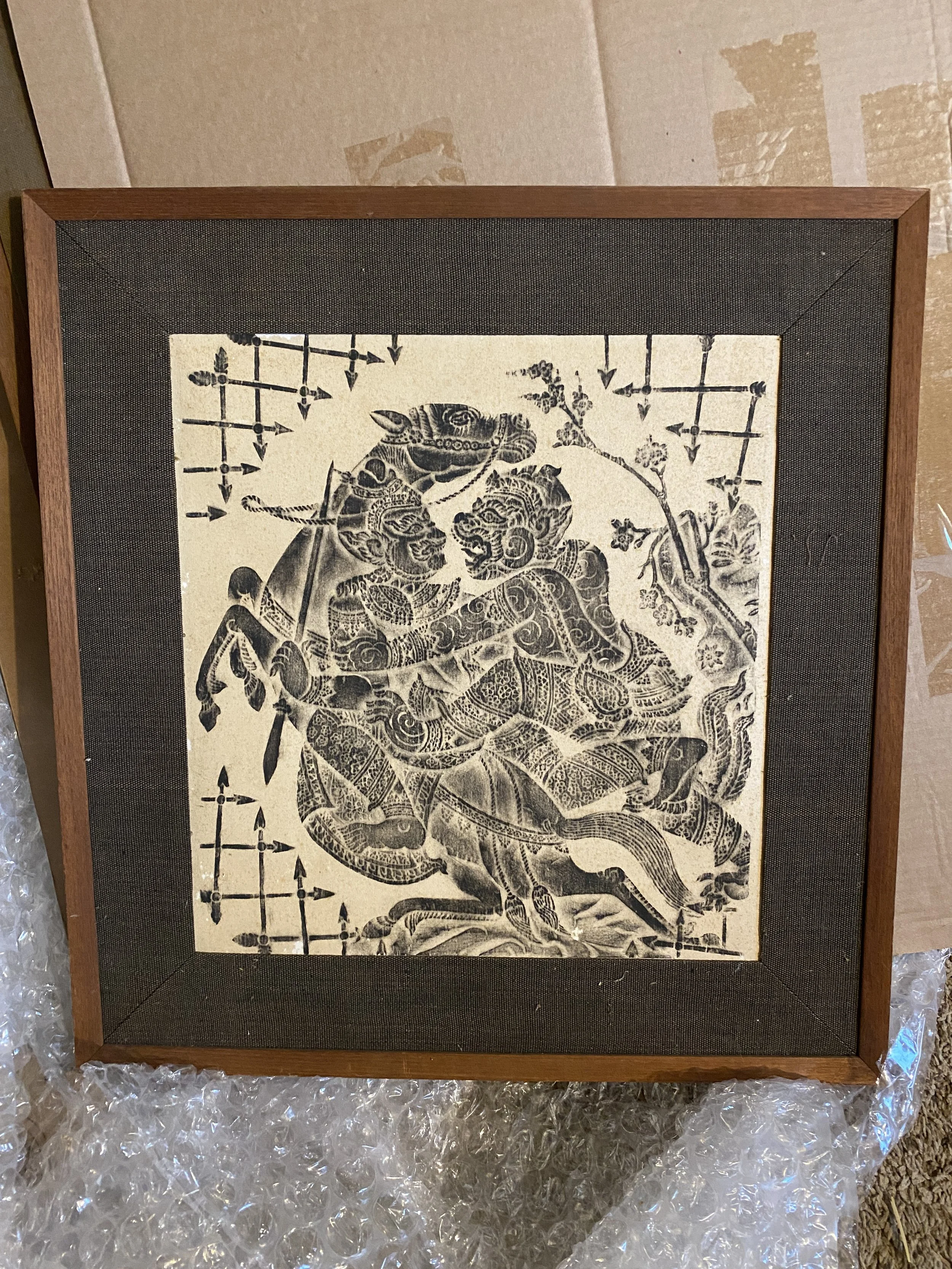 1) Great condition Cambodian temple rubbing from Angkor Wat, ca. 1950s/60s, man on horse vs demon, 24x23". $400