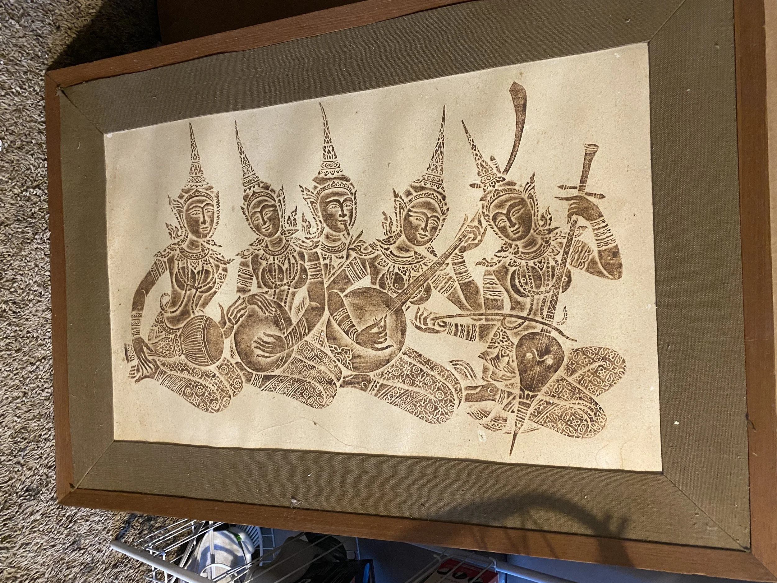 8) framed temple rubbing, four musicians 24x35", $400