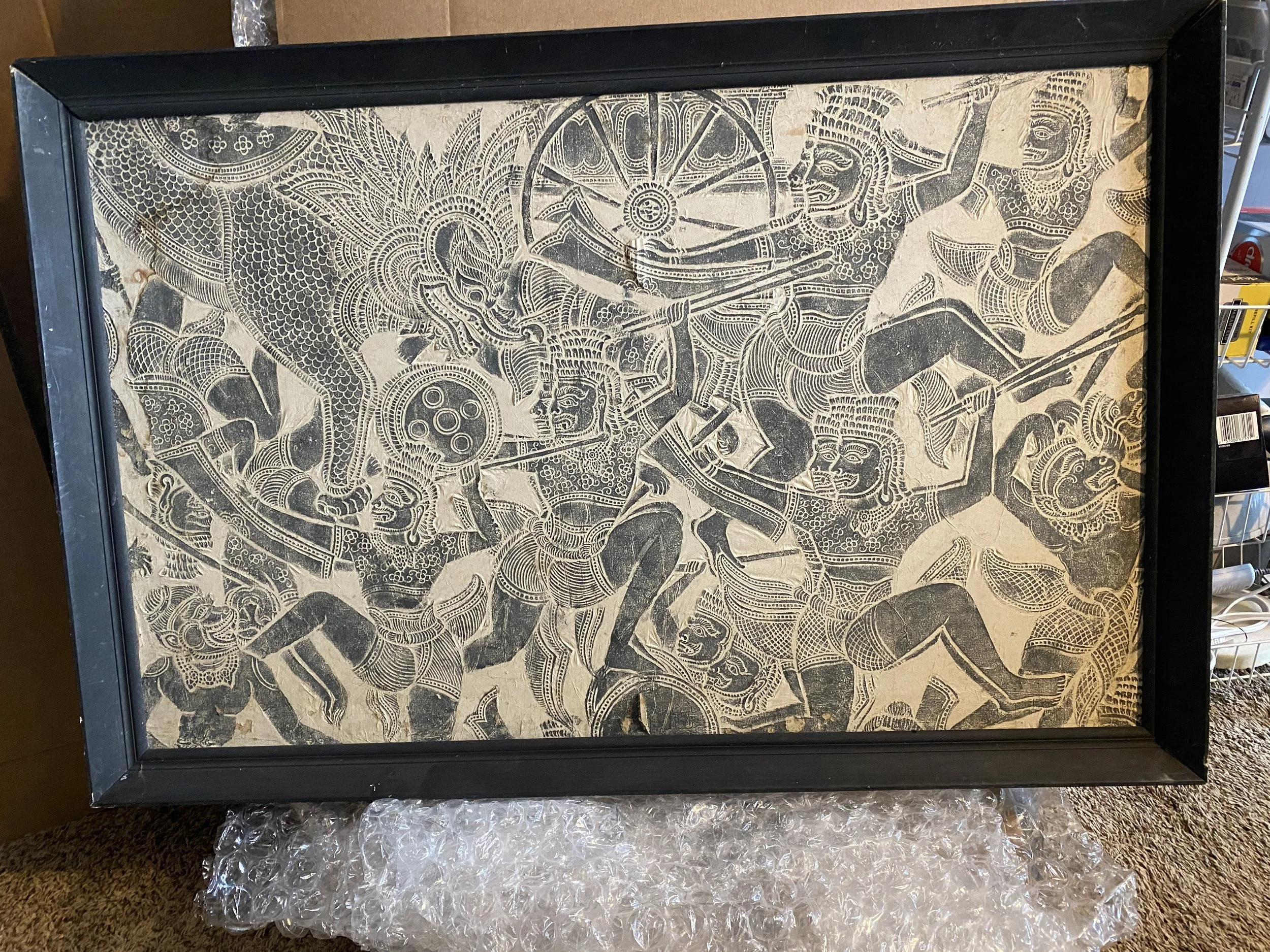 2) 25.5 x 38.5" framed temple rubbing, minor water damage spots. $300.
