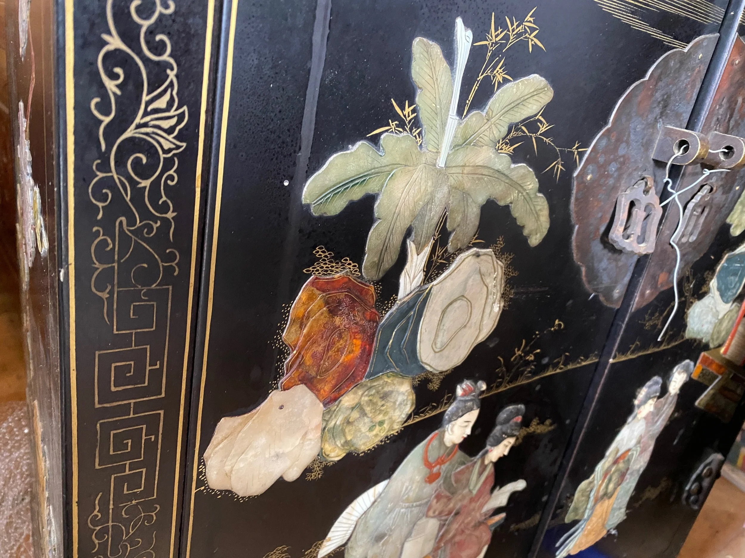 $2500 each (2 available). vintage Chinese side cabinet, black lacquer with handcarved semiprecious stones and handpainting. 30x23x11