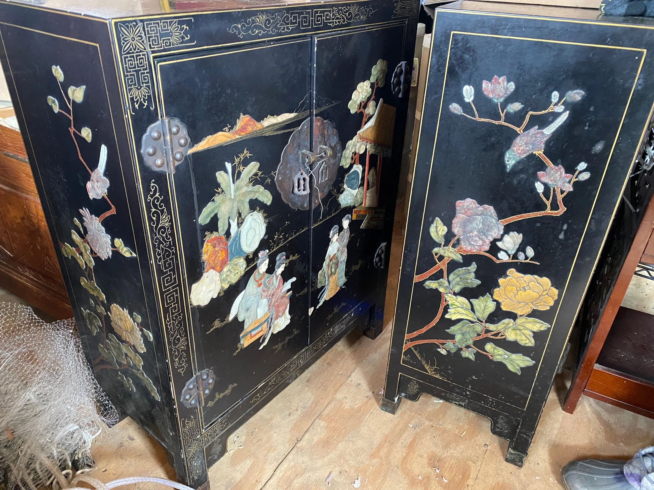 $2500 each (2 available). vintage Chinese side cabinet, black lacquer with handcarved semiprecious stones and handpainting. 30x23x11