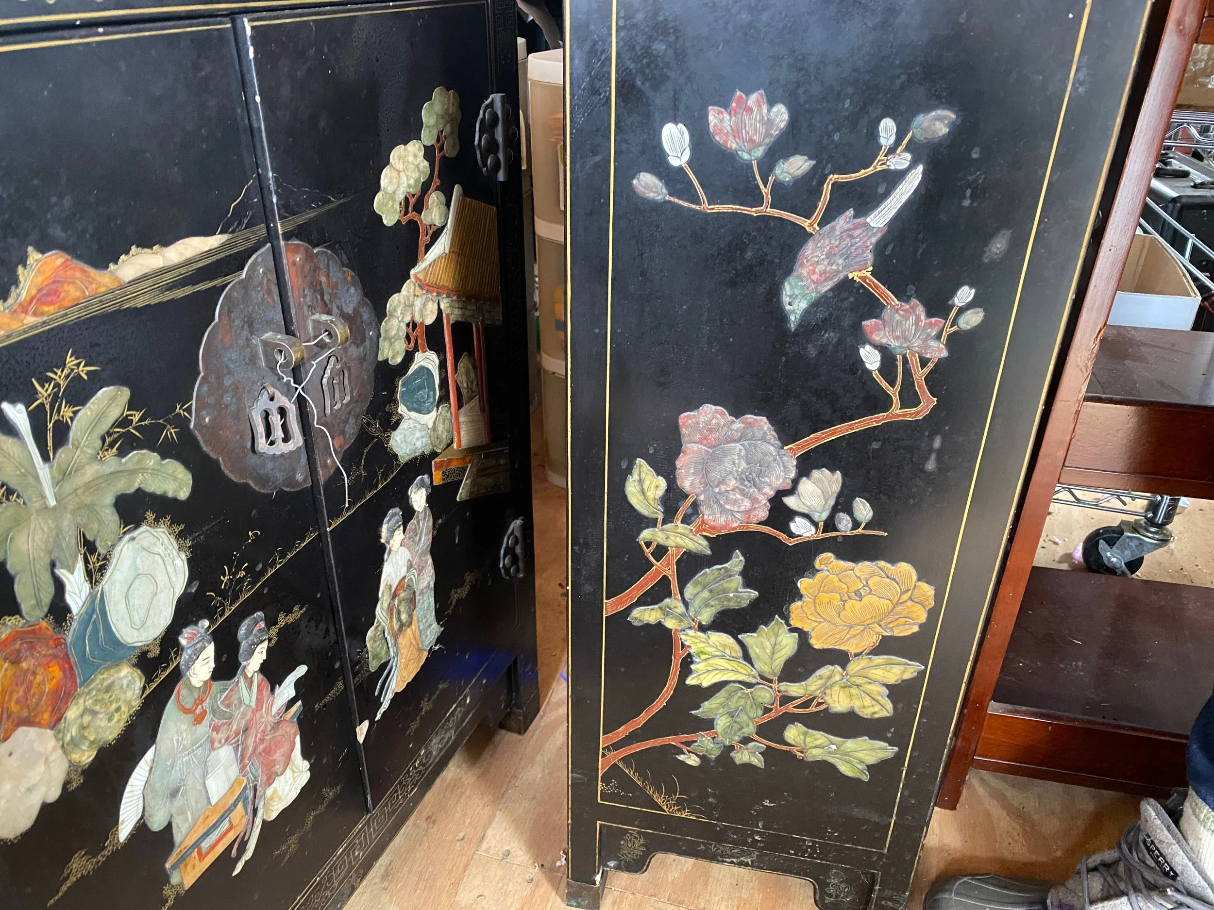 $2500 each (2 available). vintage Chinese side cabinet, black lacquer with handcarved semiprecious stones and handpainting. 30x23x11
