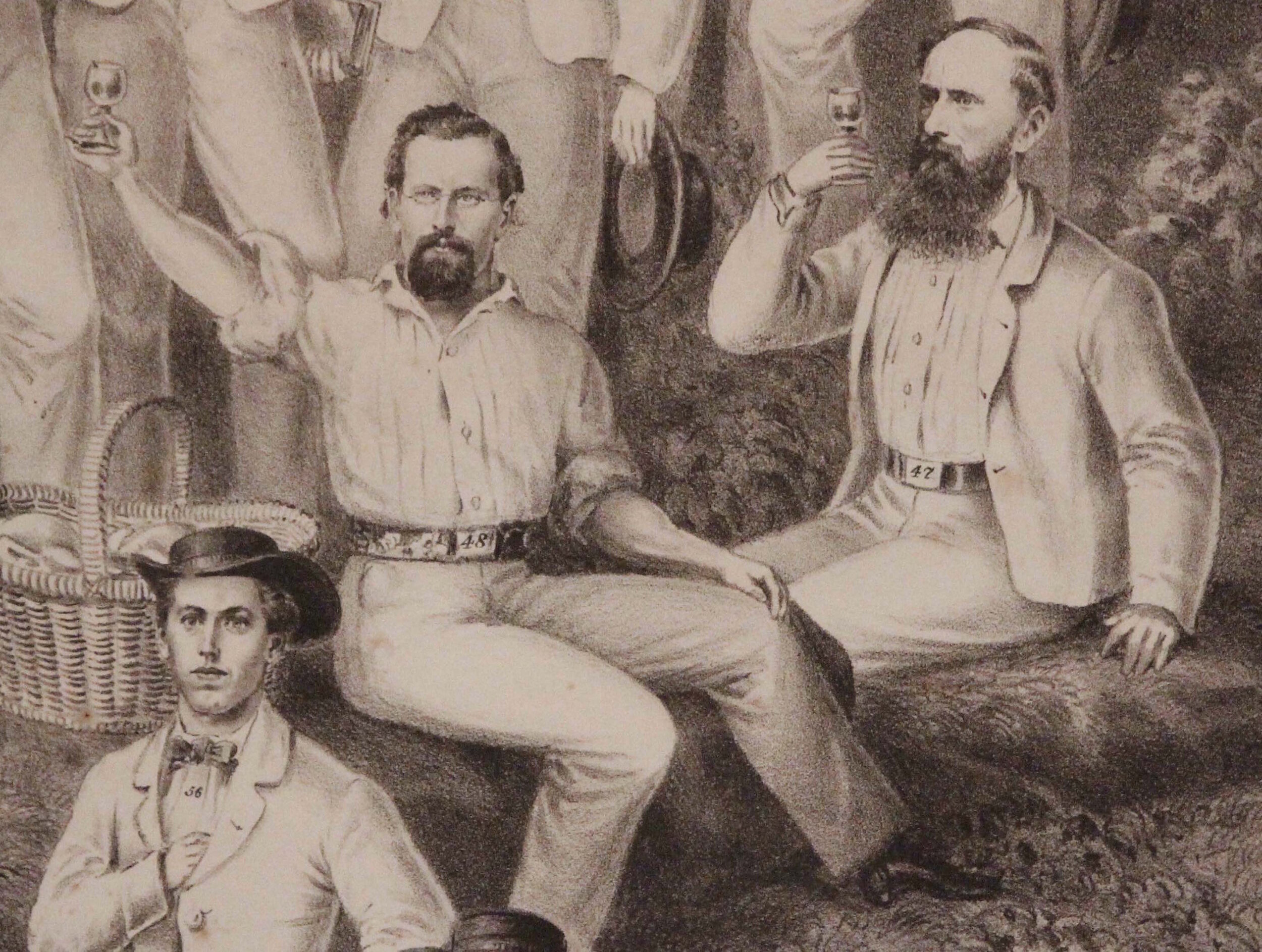  John George Ott (left) raises a glass of wine in an 1863 lithograph depicting 62 members of the Madison Turnverein. Fellow Turner Frederick Sauthoff (right) and his wife Johanna lived very near the Otts on Jenifer Street. (Image: Private collection)