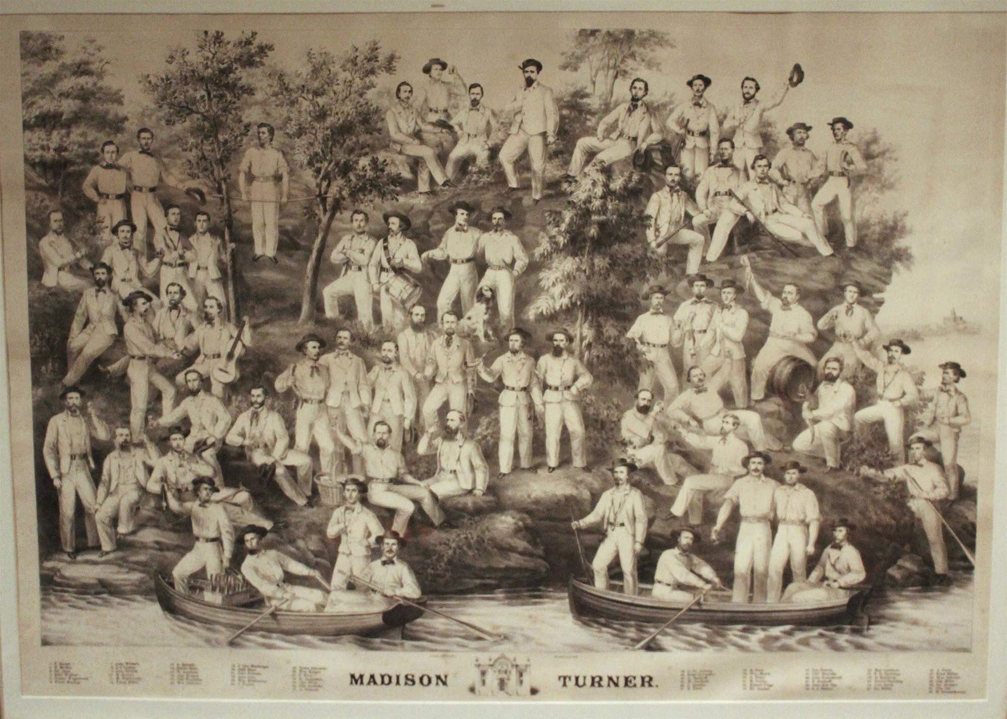  This large lithograph fancifully depicts the Madison Turners and some favorite pursuits: drinking, music, shooting, boating, and gymnastics. Published by Louis Kurz of Milwaukee, it &nbsp;shows John George Ott just above the boat to the lower left. 