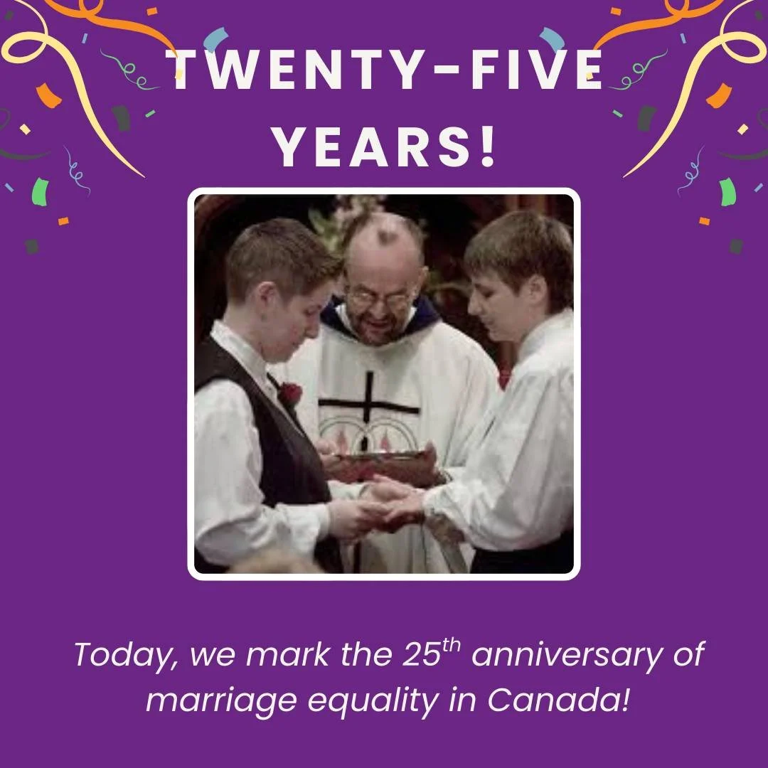 ✨ 25 Years of Courage. Faith. Equality. ✨
 
On January 14, 2001, the Rev. Dr. Brent Hawkes, then Senior Pastor of Metropolitan Community Church of Toronto (MCC Toronto), performed Canada&rsquo;s ﬁrst same-sex marriage&mdash;an act of courageous faith