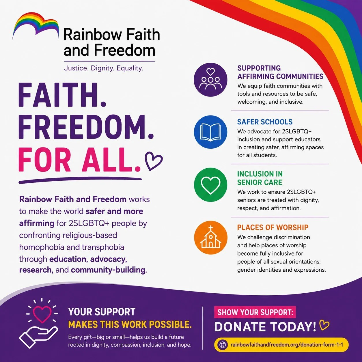 Every day, Rainbow Faith and Freedom works to make the world safer and more affirming for 2SLGBTQ+ people by confronting religious-based homophobia and transphobia through education, advocacy, research, and community-building. 

From supporting affir