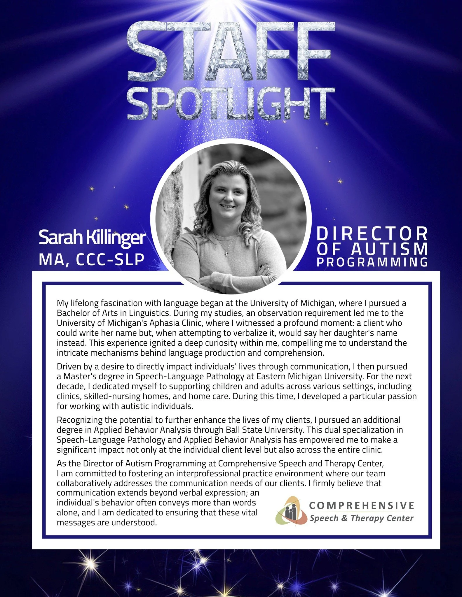 Meet Sarah, one of our exceptional BCBAs and Speech-Language Pathologist.