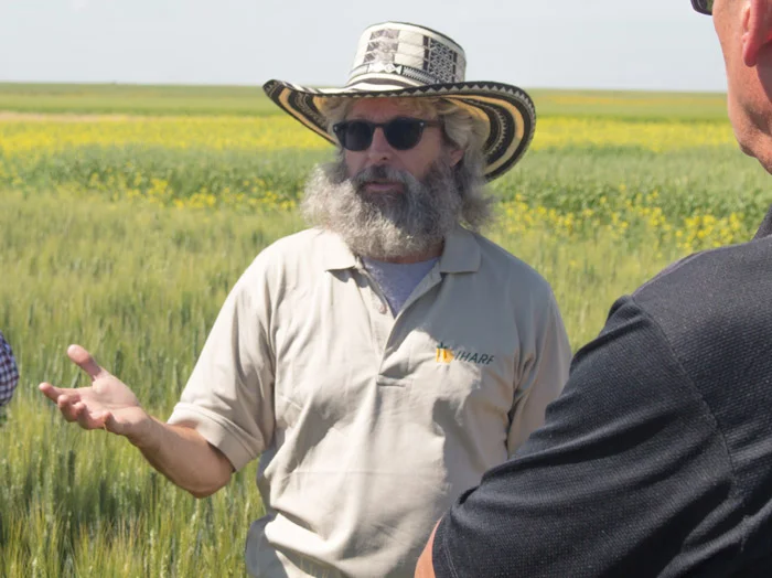 Dr. Randy Kutcher takes Sask Wheat directors and staff on a tour of the Crop Development Centre test plots in July 2016