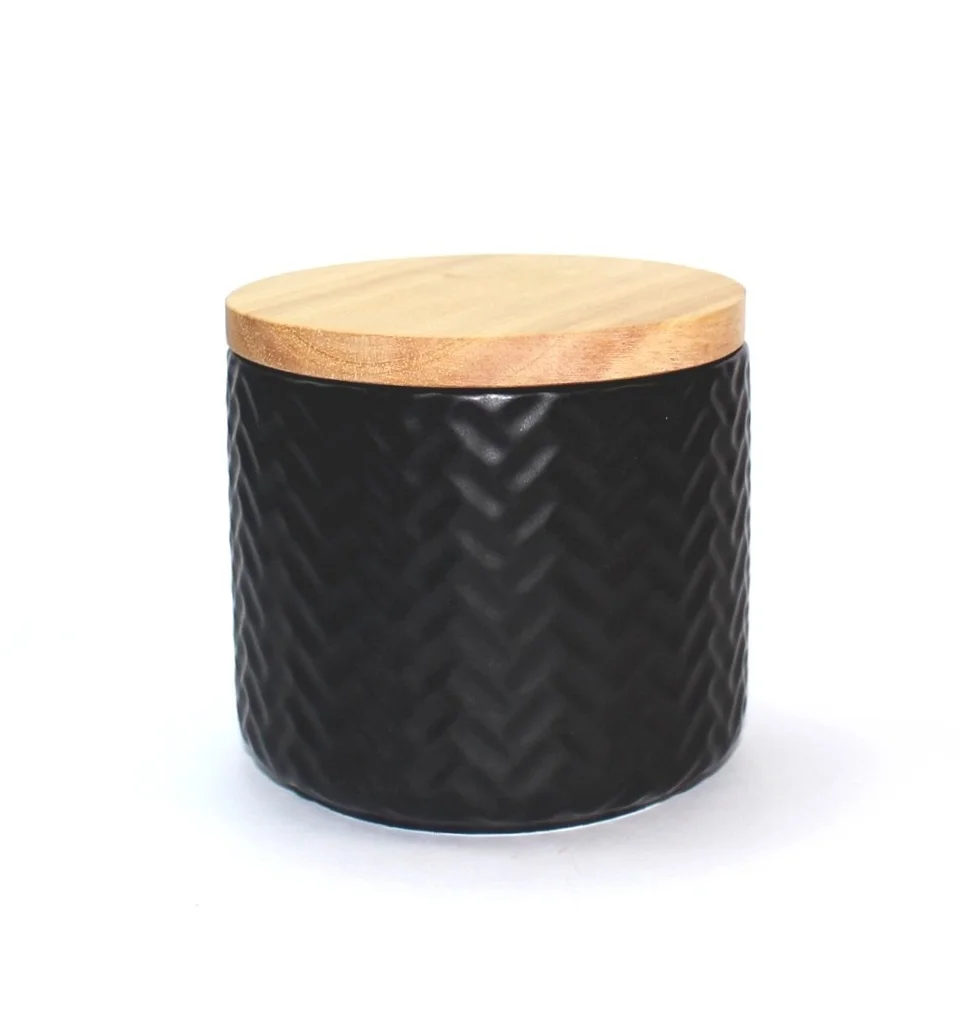 Basket Weave Embossed Ceramic Canister with Wooden Lid  - Black