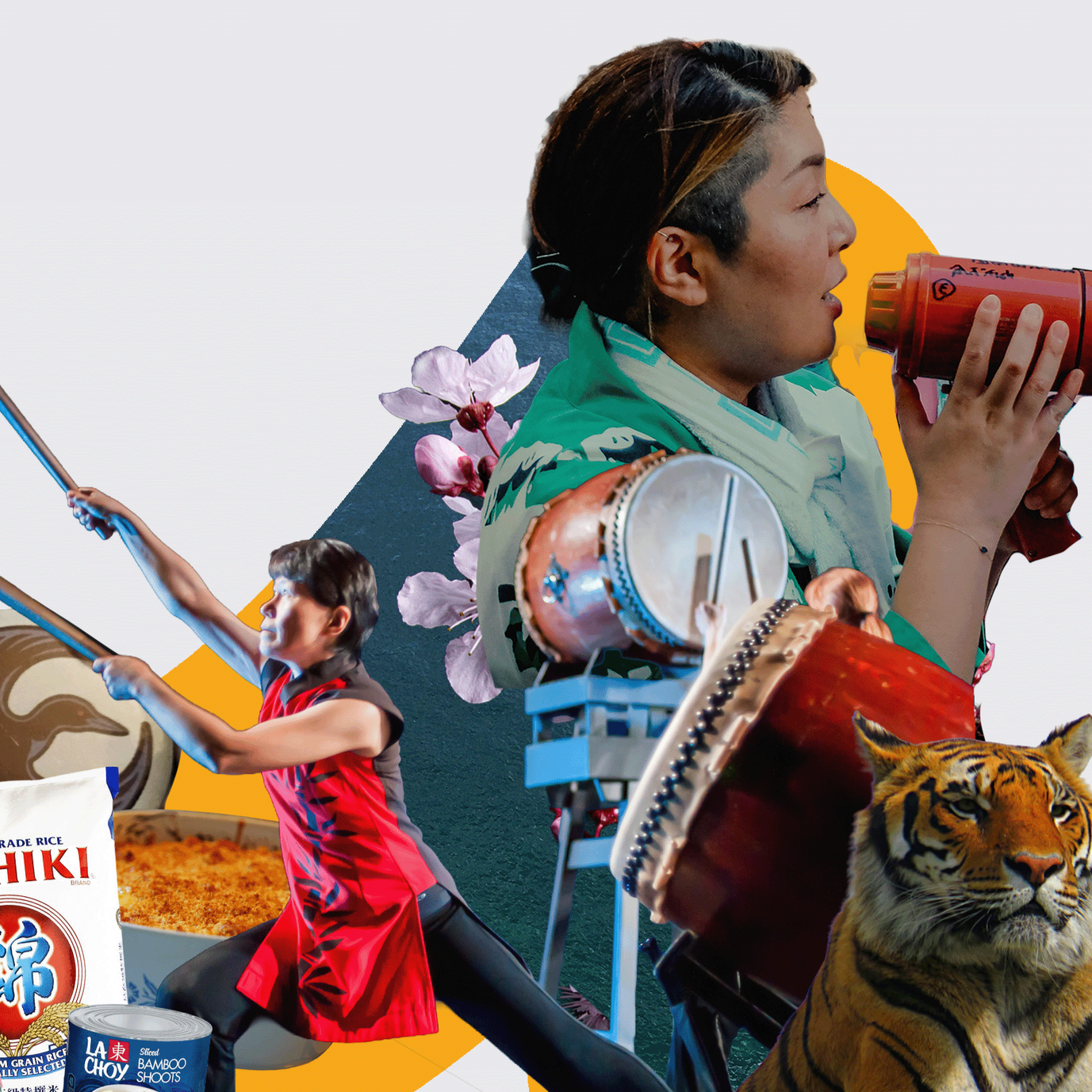 Collage of tiger, taiko, hot dish, plum blossoms, and more.