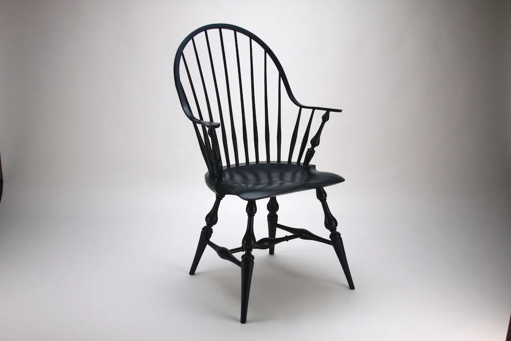 Continuous Arm Windsor:  Shield seat:  Baluster turnings:    Blue over blue milk paint:       Oil and wax finish