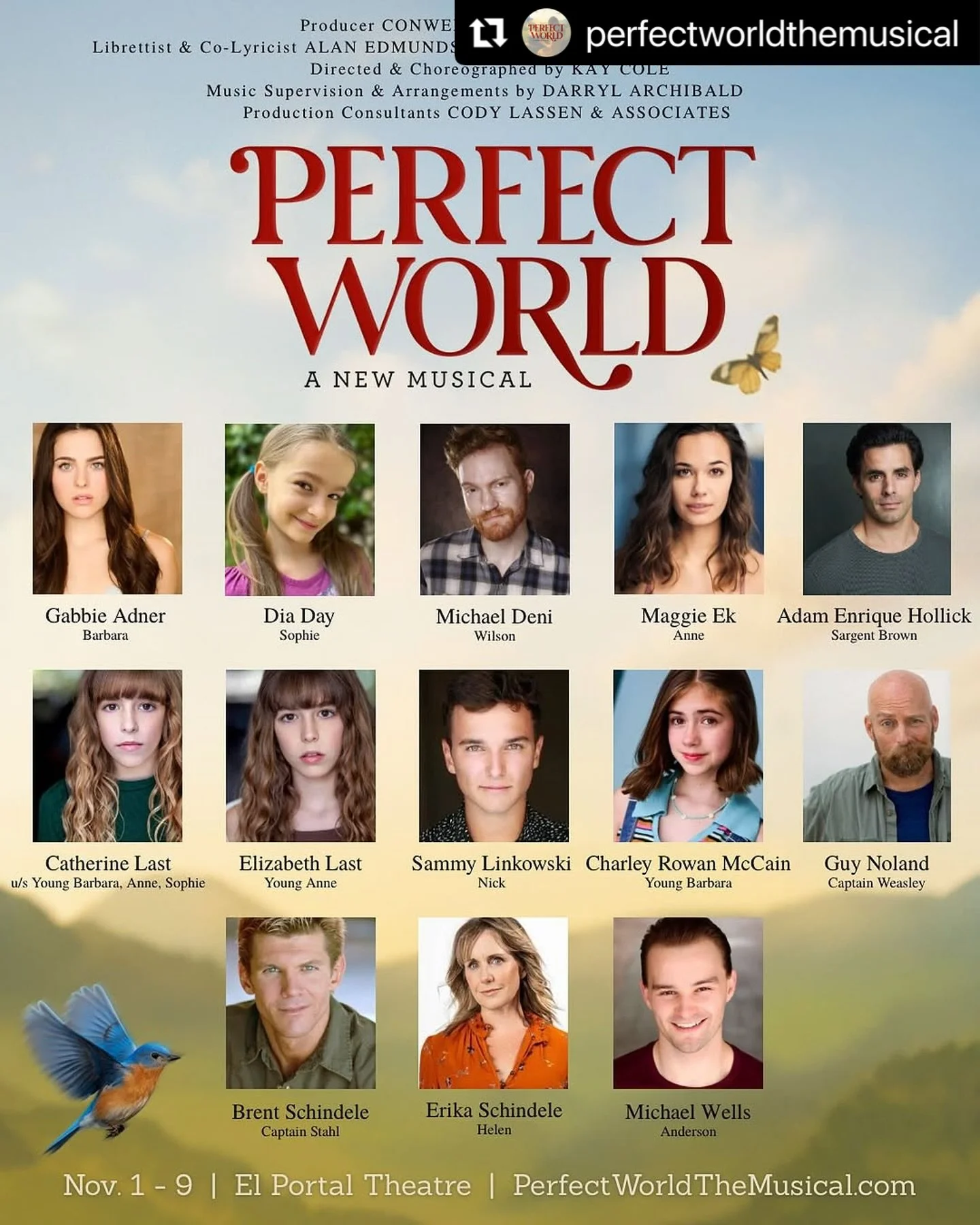 Shoutout out to our cast of the new musical PERFECT WORLD - directed by Broadway legend Kay Cole - at the El Portal Theatre in North Hollywood, opening next weekend and running through November 9th!
#michaeldonovancasting #theatrecasting #lathtr #mus