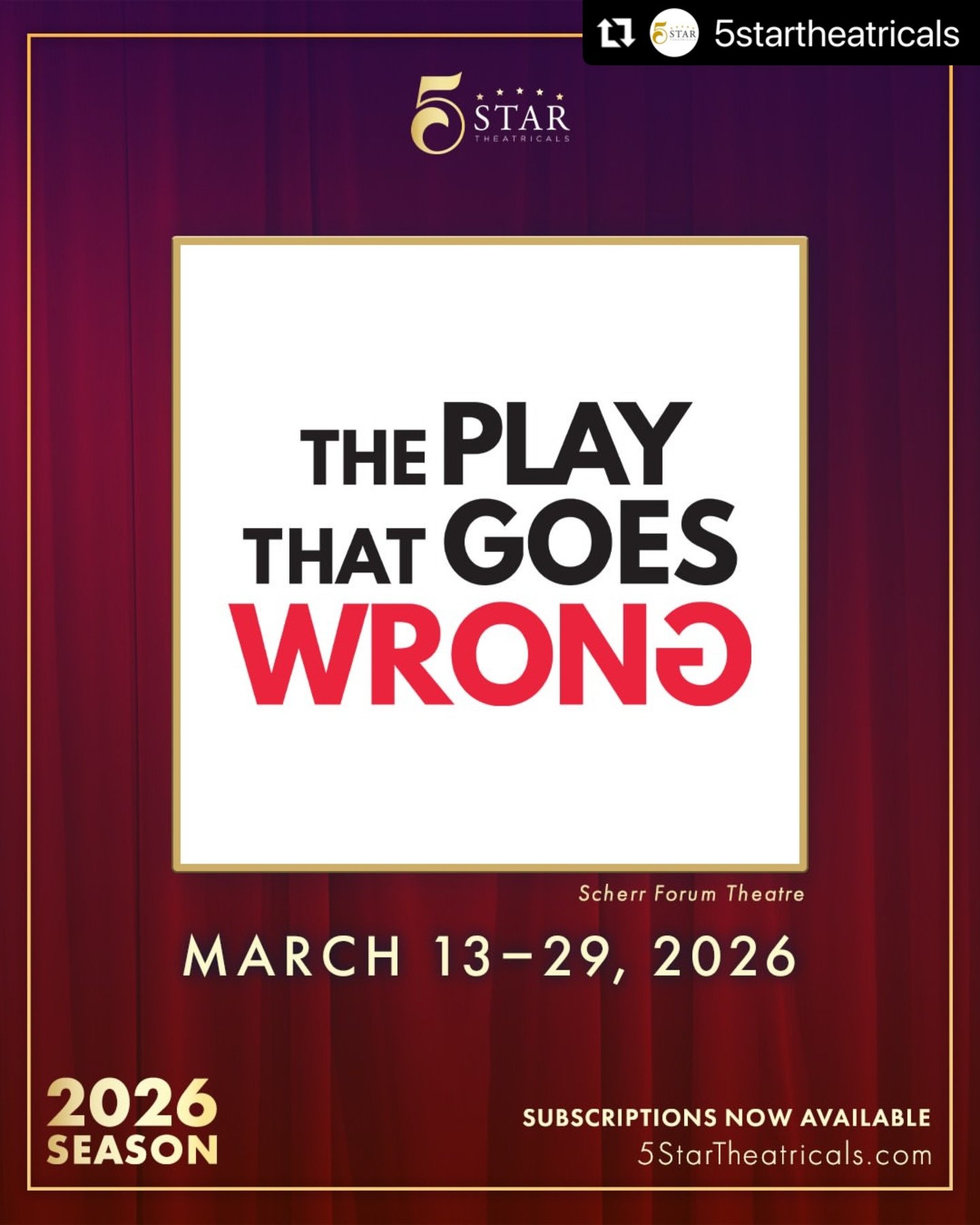 We just posted our final breakdown of 2025 for THE PLAY THAT GOES WRONG at 5-Star Theatricals in Thousand Oaks, which will be directed by the incredible Larry Raben! If you&rsquo;d like to be considered, you can submit to the Breakdown via Actors Acc