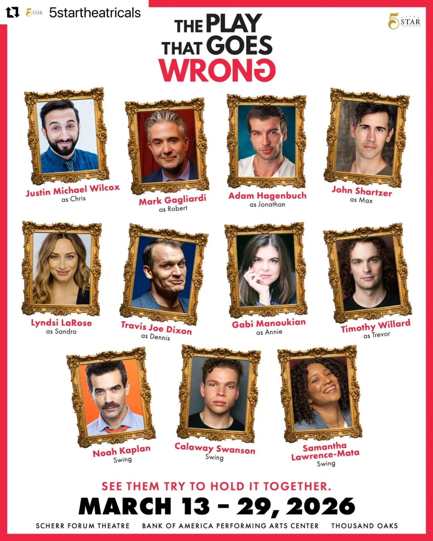 THIS CAST!! 🔥🤣💣🤕🇬🇧🤦&zwj;♂️🤪🤡🫶🕵️&zwj;♂️⭐️🍌🍖🎭🤹&zwj;♀️🚑☎️

We think that sums them up pretty astutely. You won&rsquo;t want to miss this one, coming to Thousand Oaks March 13th - 29th!

#michaeldonovancasting #theatrecasting #5startheatr