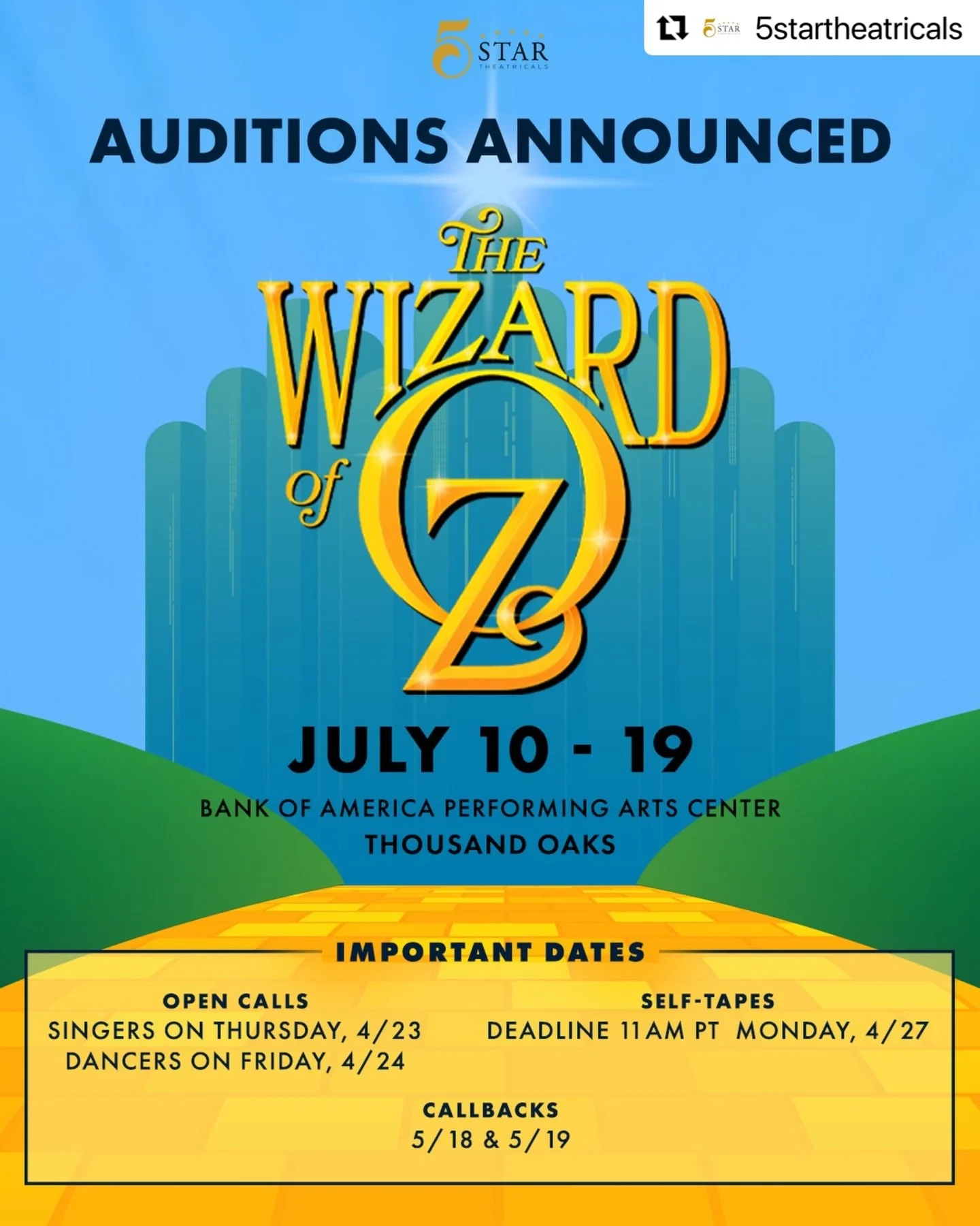 Now casting: THE WIZARD OF OZ at 5-Star Theatricals in Thousand Oaks! 👠🦁🧙&zwj;♂️🎭🎵

There are lots of ways to submit and audition. For ALL the info, go to the auditions page of the 5-Star Theatricals website (link in the @5startheatricals bio). 