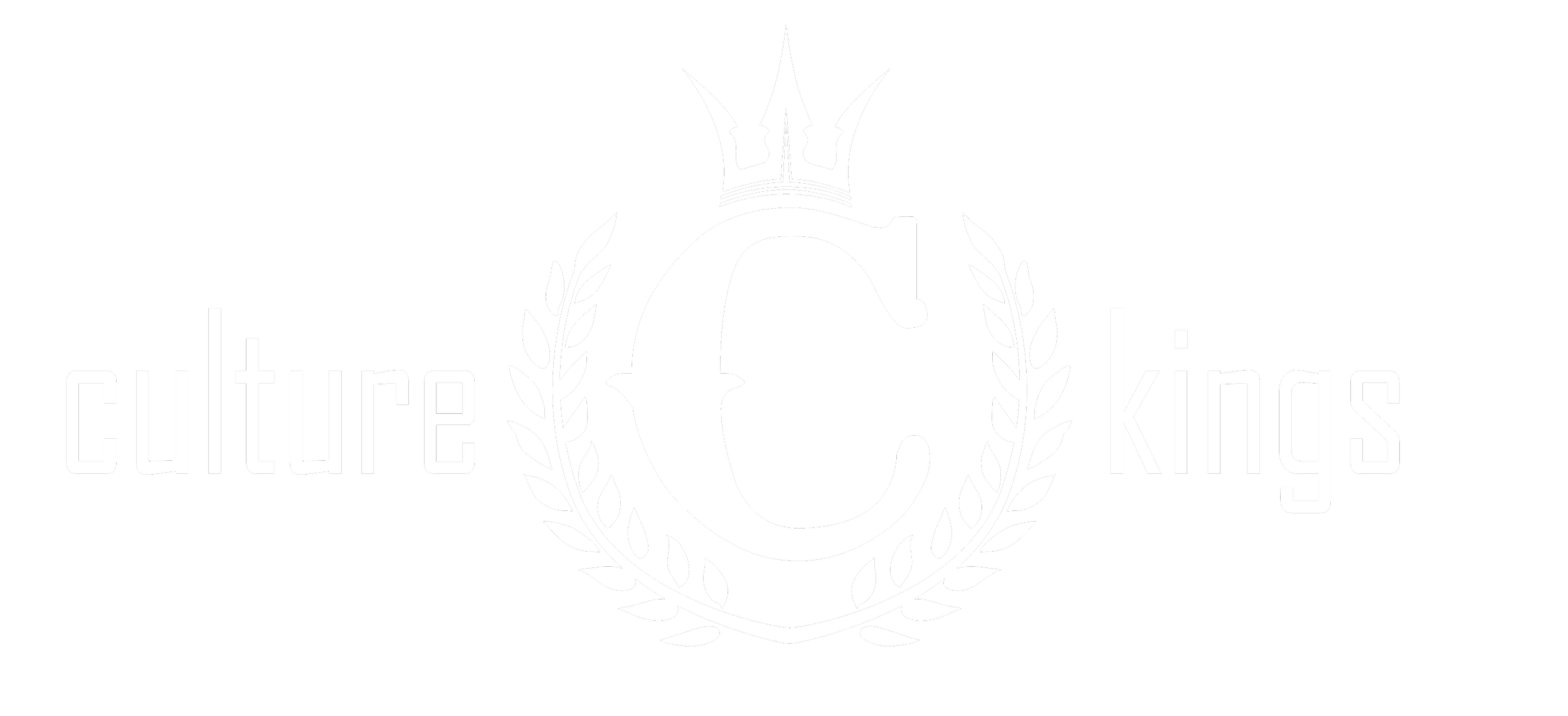 Logo for Culture Kings featuring a large stylized letter C with a crown on top, surrounded by laurel branches, and the words 'culture kings' on either side.