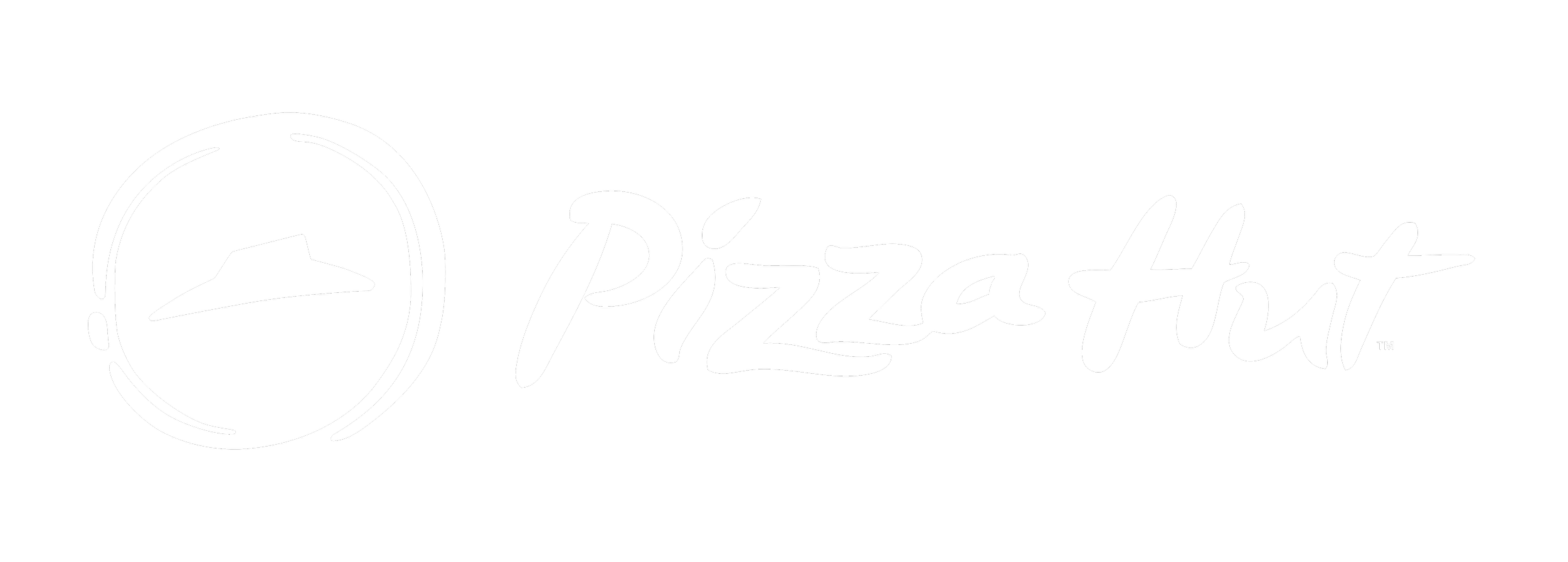 Black background with the white Pizza Hut logo, featuring a stylized hat inside a circle, followed by the word 'Pizzashut' in cursive font.