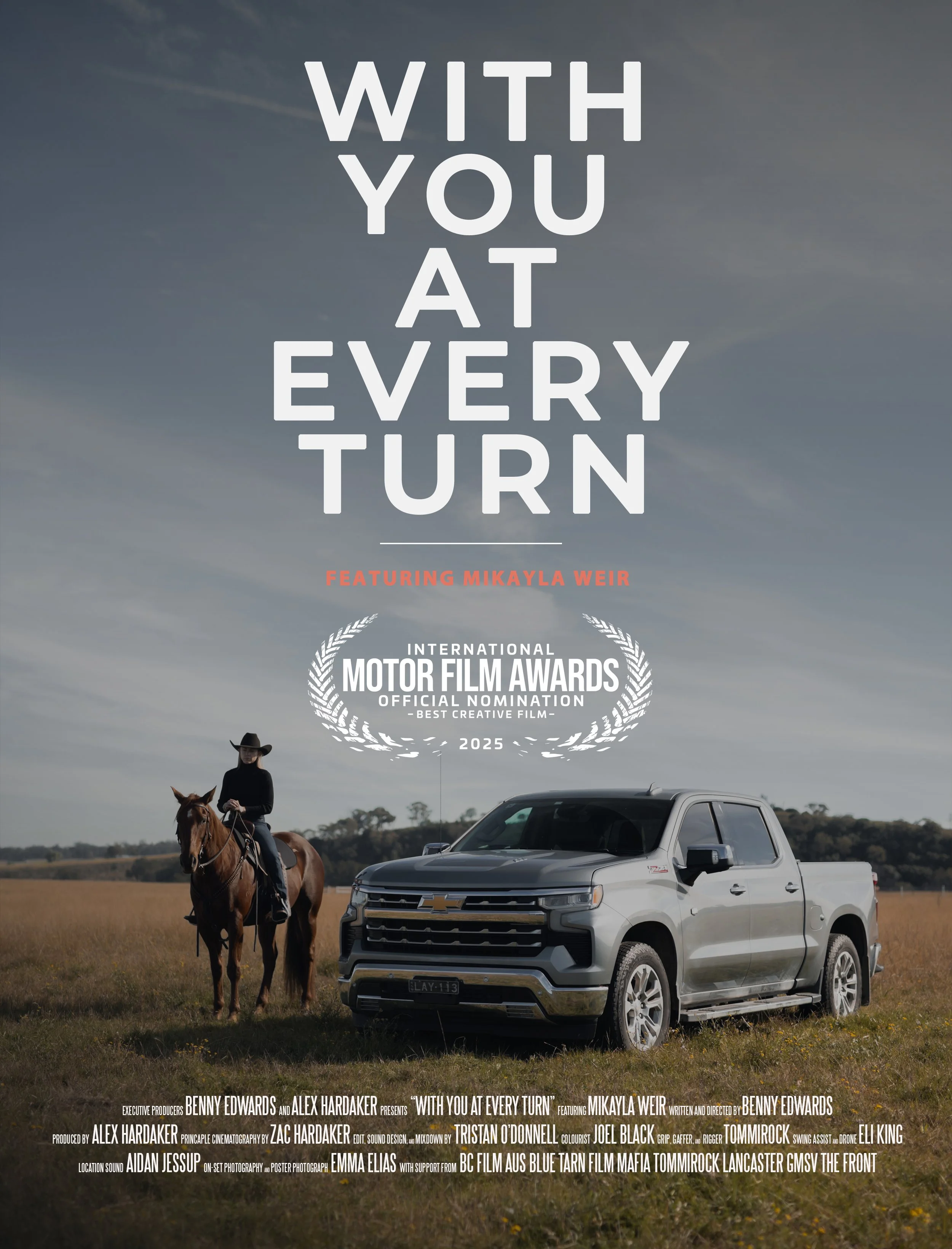 BC Films poster for film With You At Every Turn. Mikayla Weir stands next to her truck a Chevy Silverado.