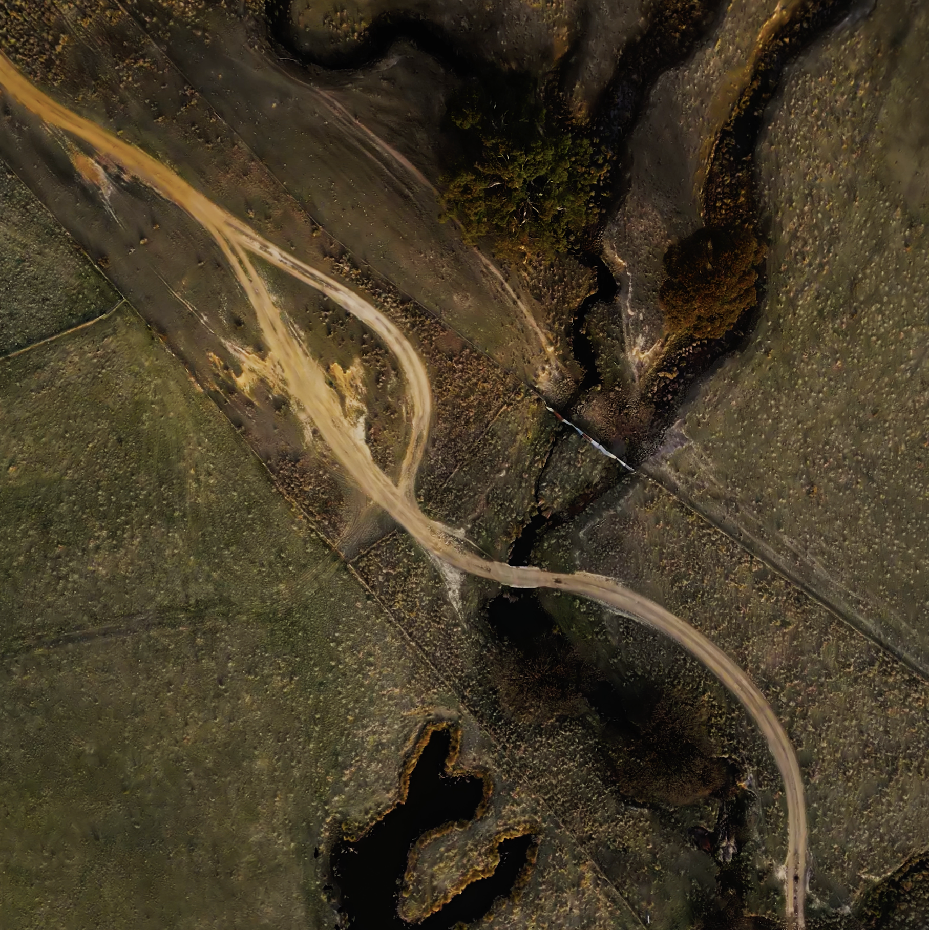 An aerial view of a winding dirt road crossing a lush green landscape with streams and dense trees in fall colors.