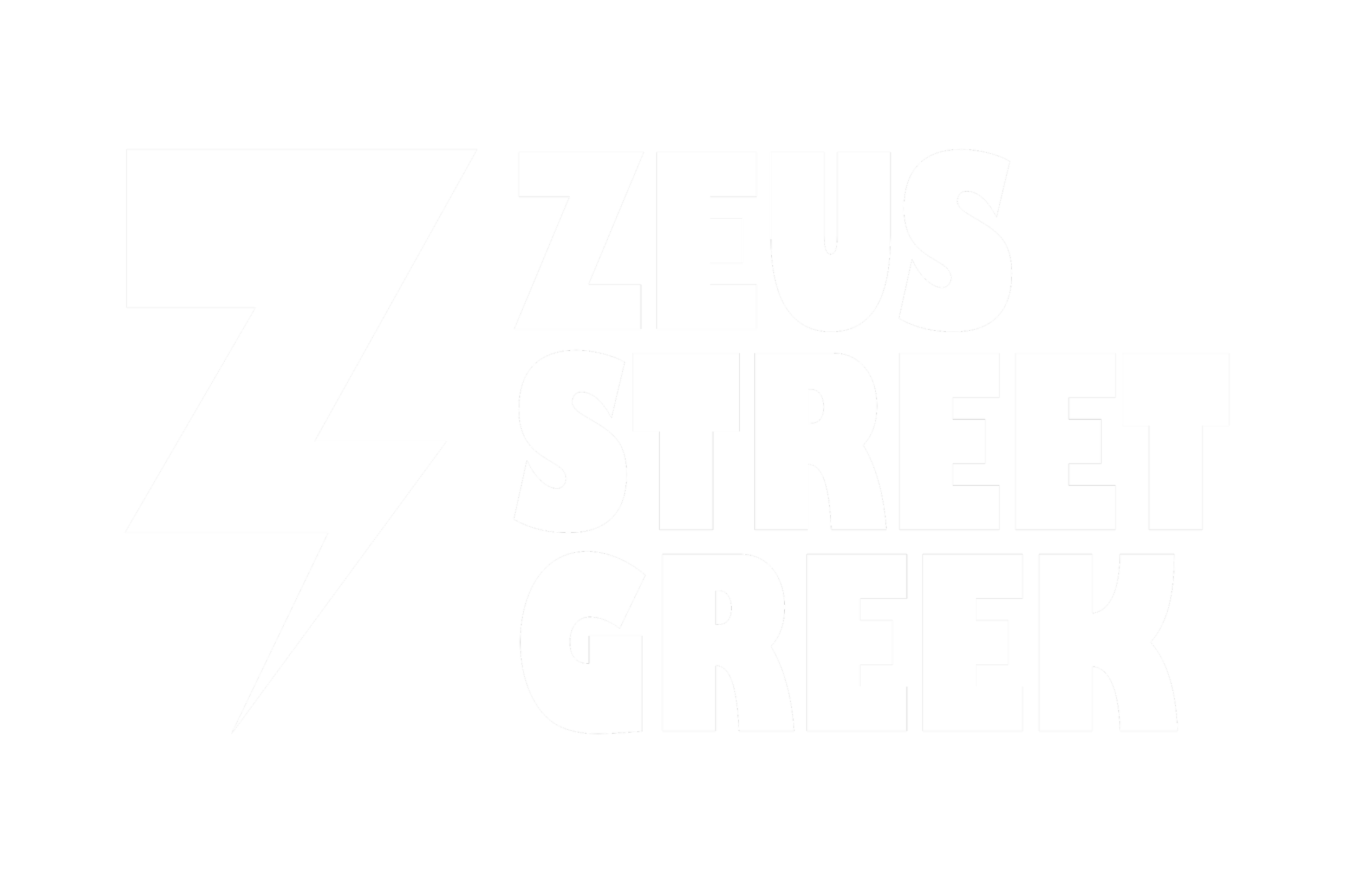 Black background with white text reading "ZEUS STREET GREEK" and a white lightning bolt graphic.
