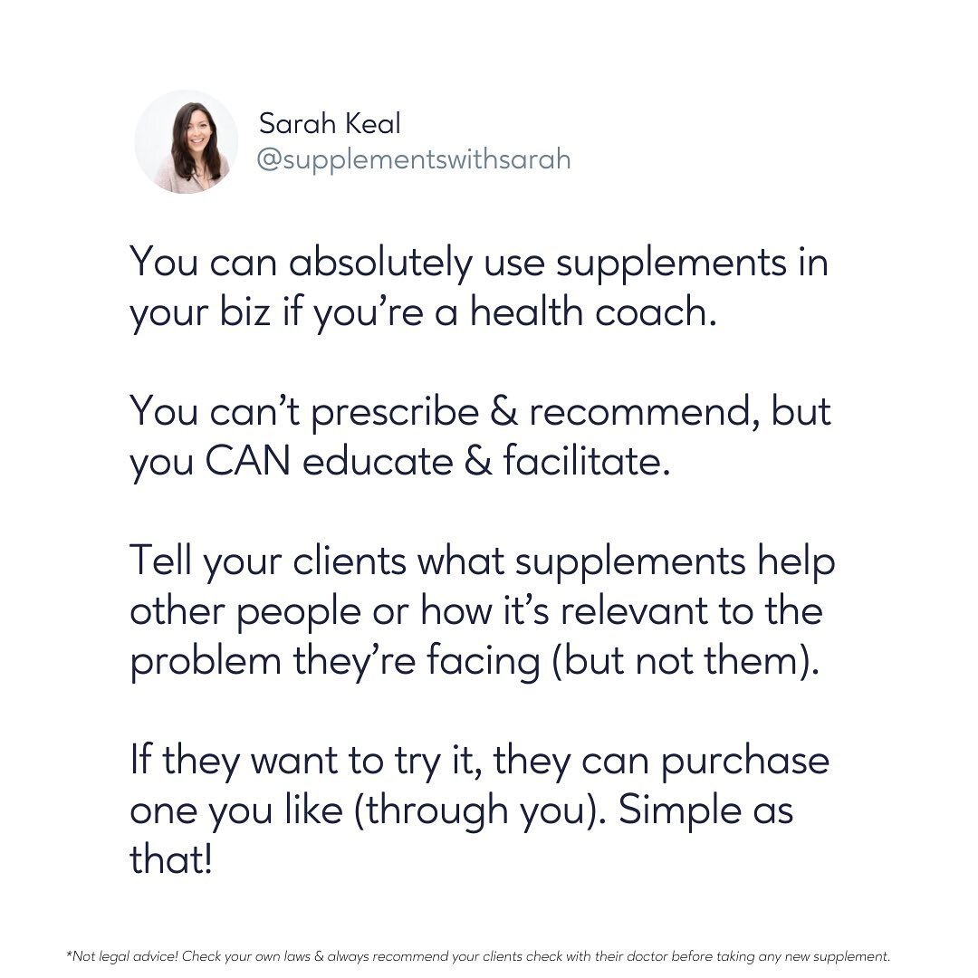 Yes, you can use supplements with your coaching clients 🙌⁣
⁣
Let me start out by staying I am very obviously not a lawyer, so of course, check out your local laws or with an actual lawyer!⁣
⁣
You CAN use supplements in your business if you&rsquo;re 