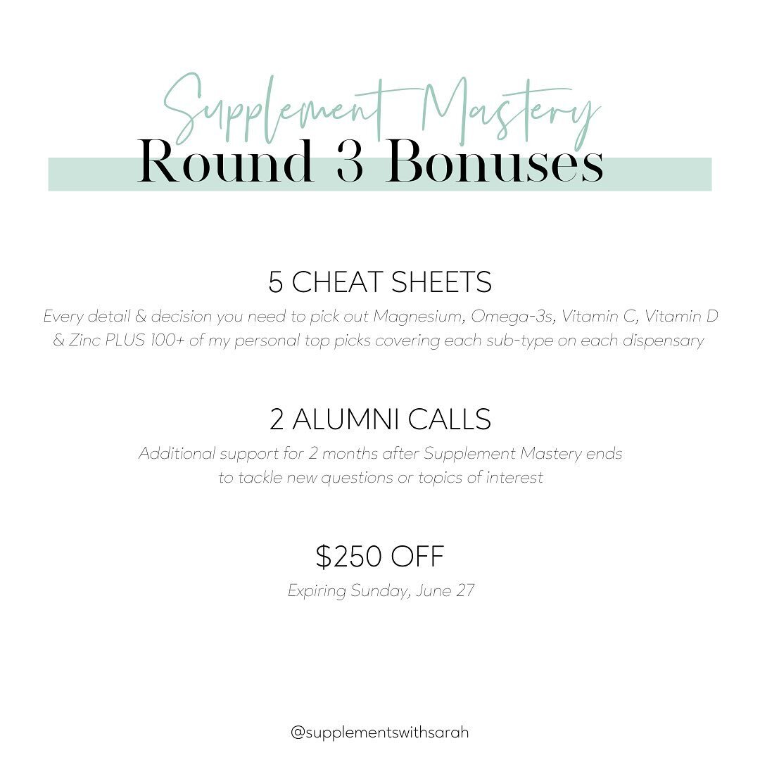 This round only 💫⁣
⁣
You can now grab the &ldquo;early bird&rdquo; bonuses when you sign up for this round of Supplement Master, no matter how late you are. ⁣
⁣
After going MIA on you during my vacation (hello spotty internet &amp; guilt of being th