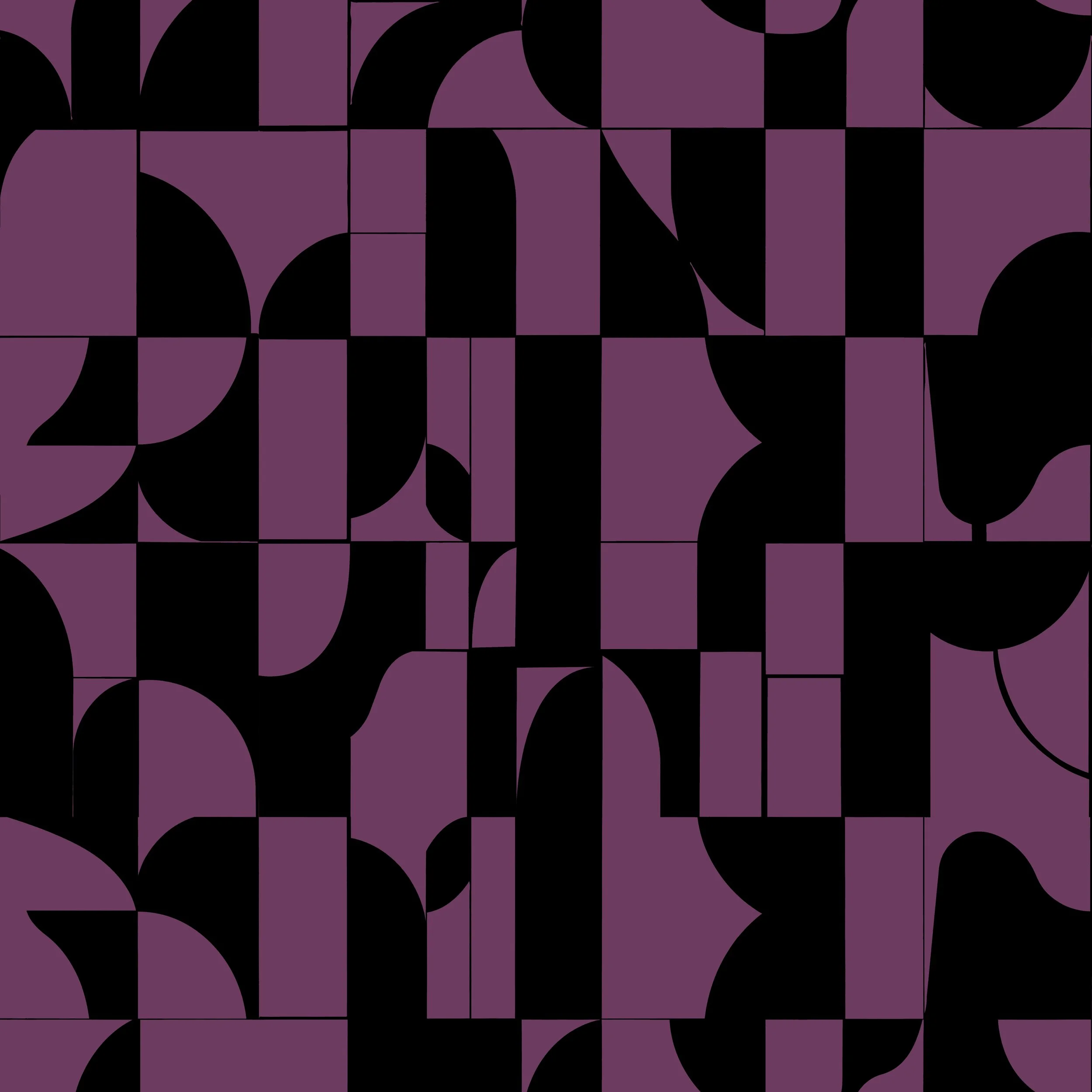 Abstract geometric pattern with black shapes on a purple background.