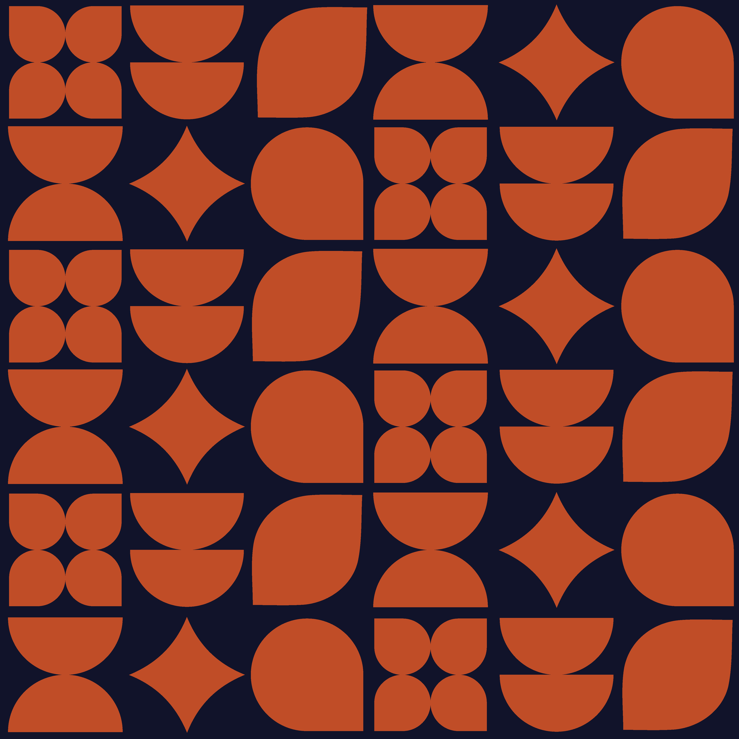 Abstract geometric pattern with brown shapes on a black background, forming circles, semi-circles, and diamonds.