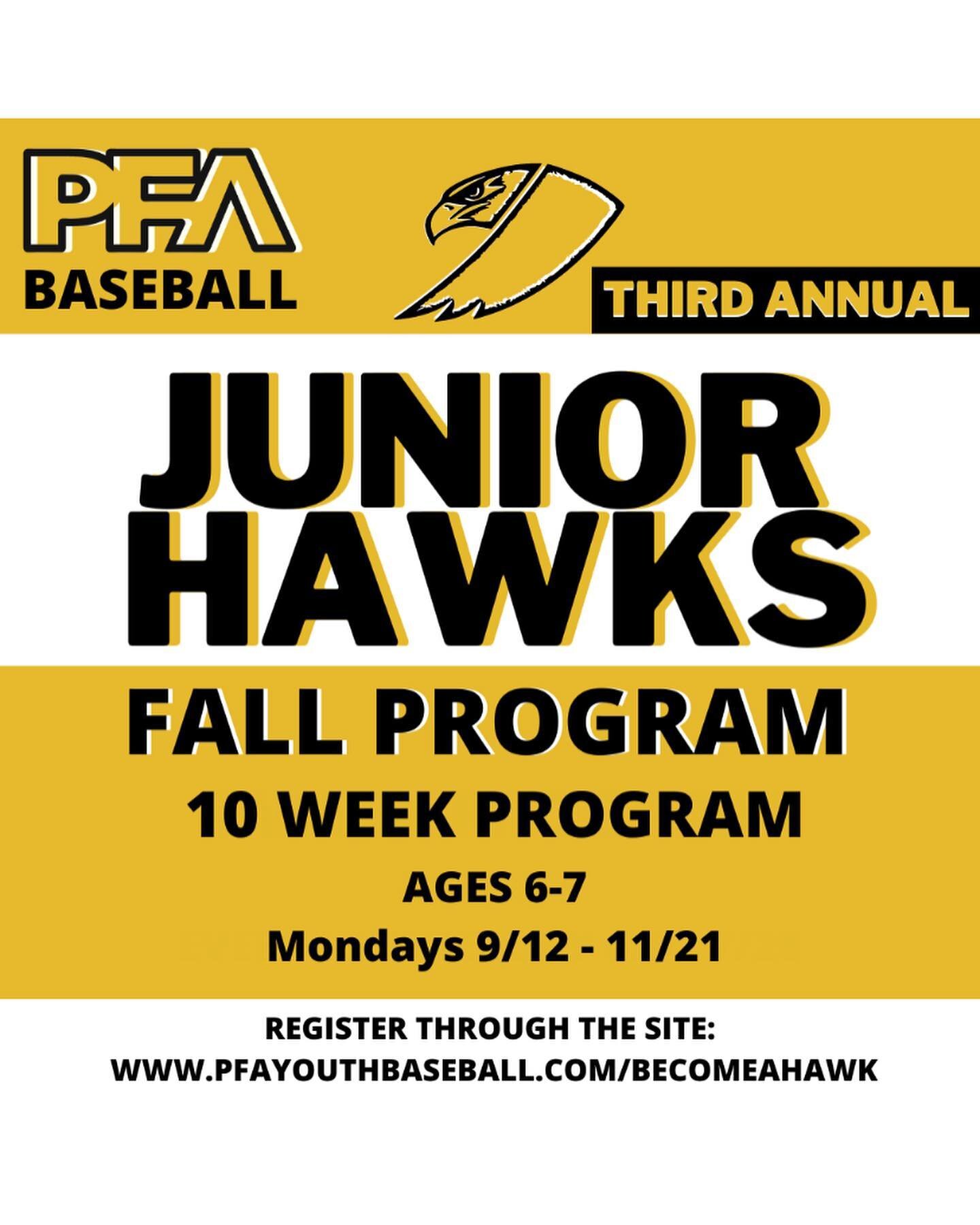 Spots filling up quickly for our fall Jr Hawks program! Feel free to email with any questions 

pfayouthbaseball@gmail.com