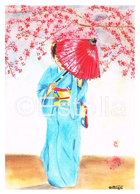 Cherry Blossom Dancer - Pastel Drawing on Paper 