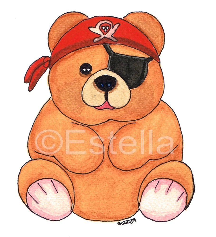 Teddy Bear Pirate Pete - Original Character -  Watercolour and Ink Painting