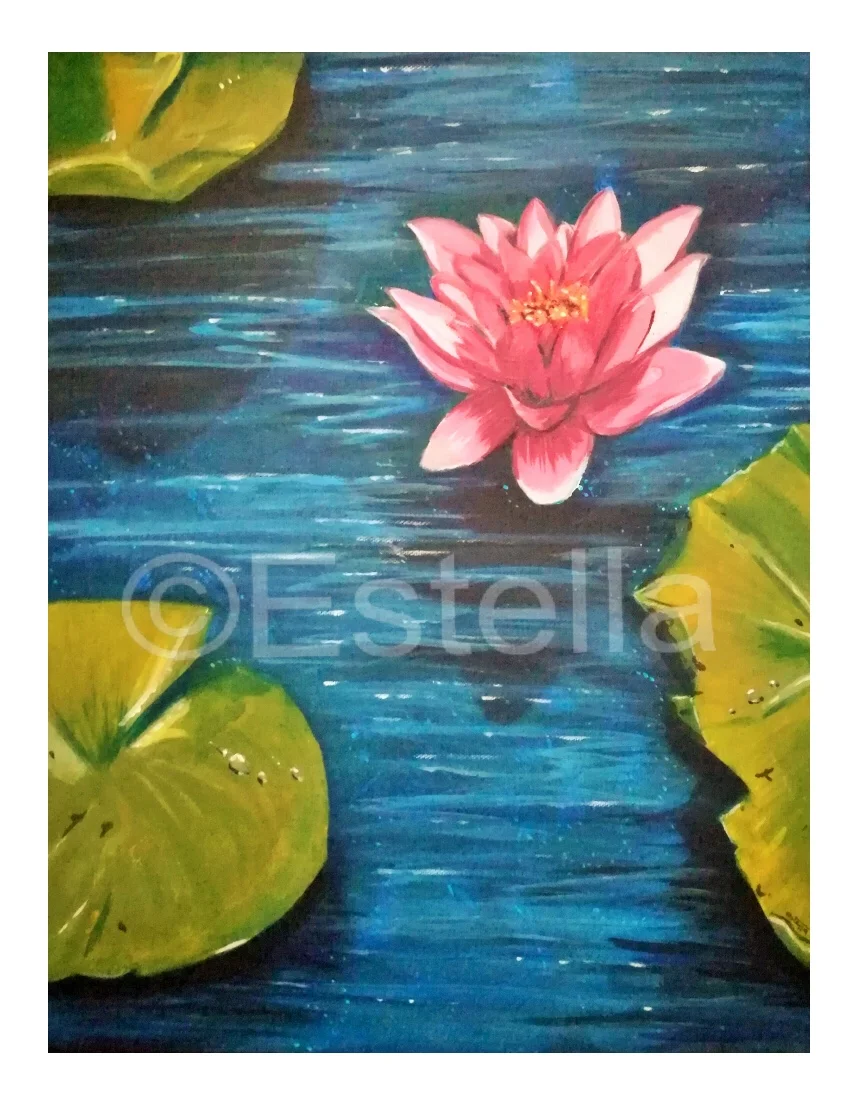 Blue Pond- Water Lily in Blue Pond Acrylic Painting 