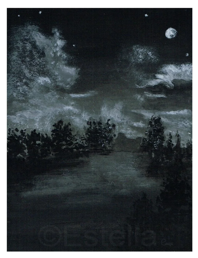 Wolf Cloud at Full Moon - gouache landscape painting