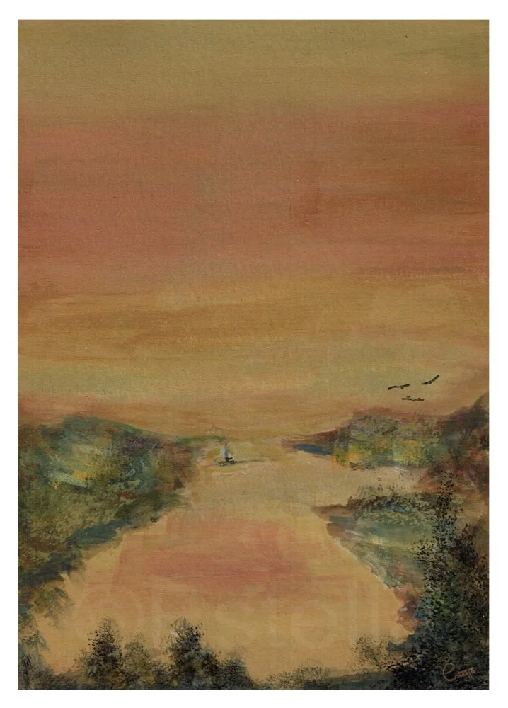 Summerlike Lake - gouache waterway painting