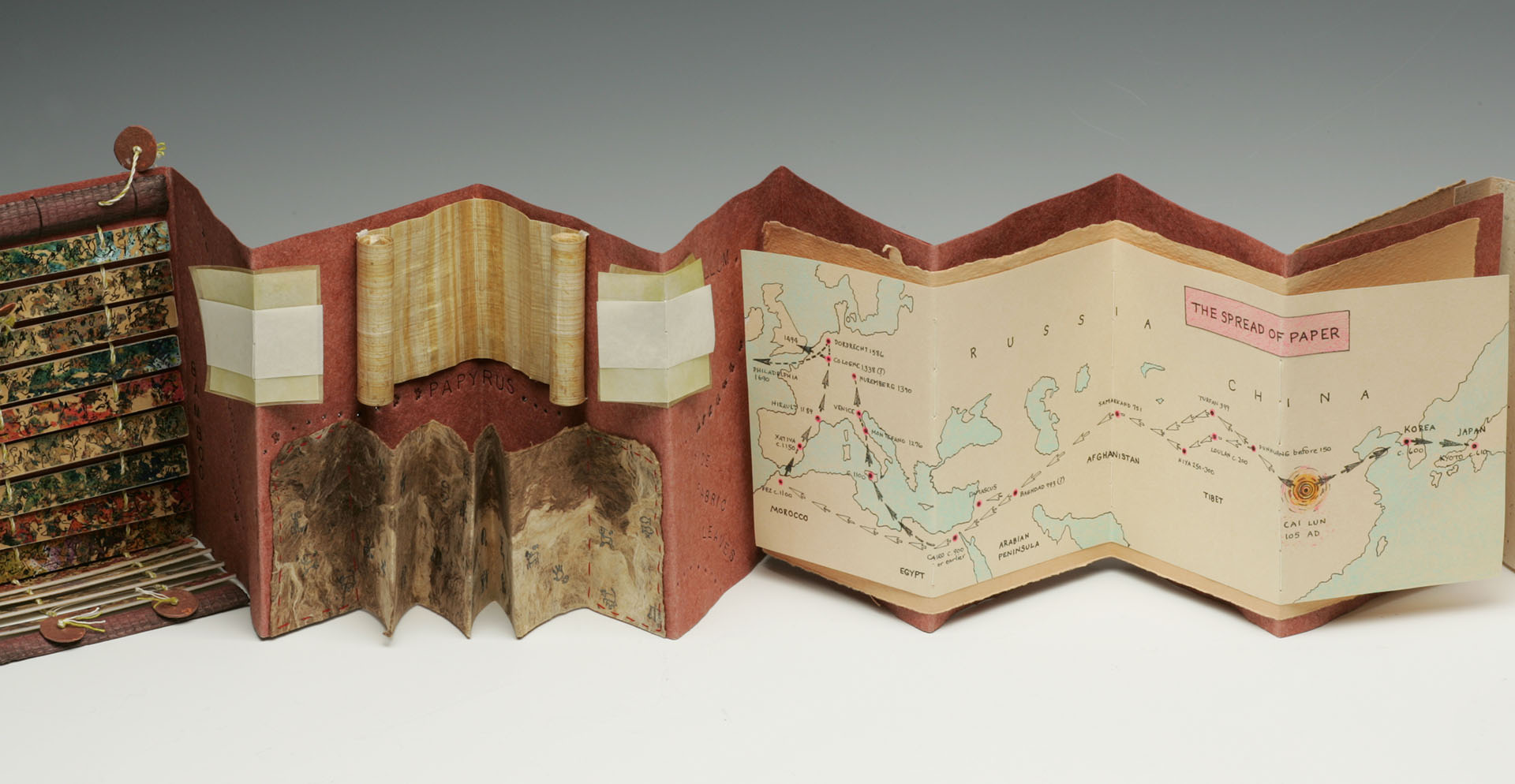 Early writing substrates: papyrus, bark paper and vellum. A map shows the invention of paper in China and how it began to spread globally.