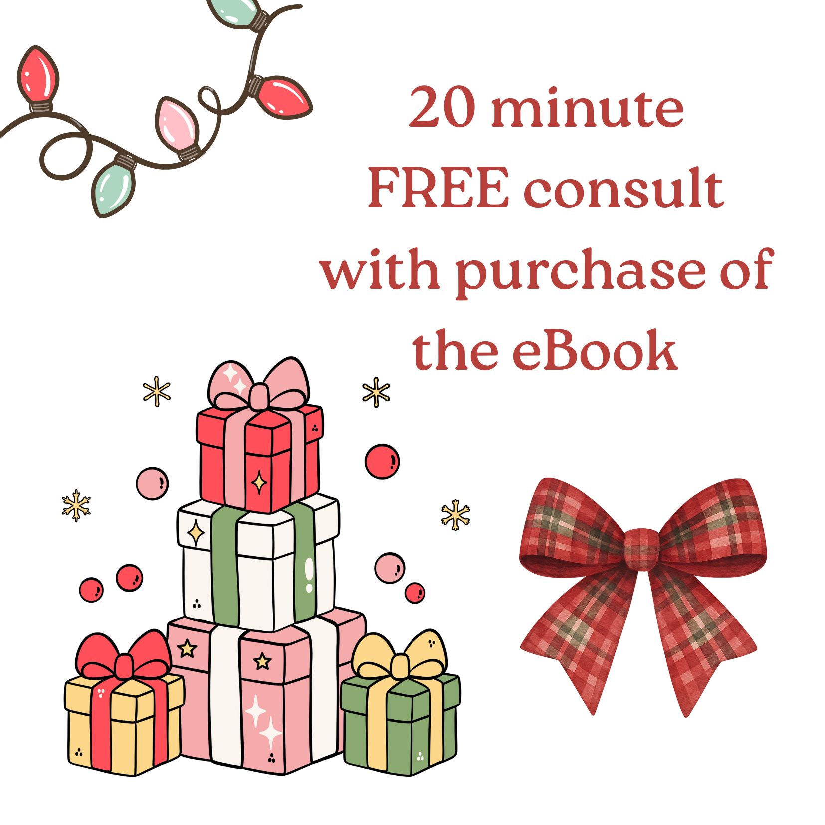 Stacked wrapped Christmas presents with bows, a large red plaid bow, string lights, and Christmas decorations on a dark background.