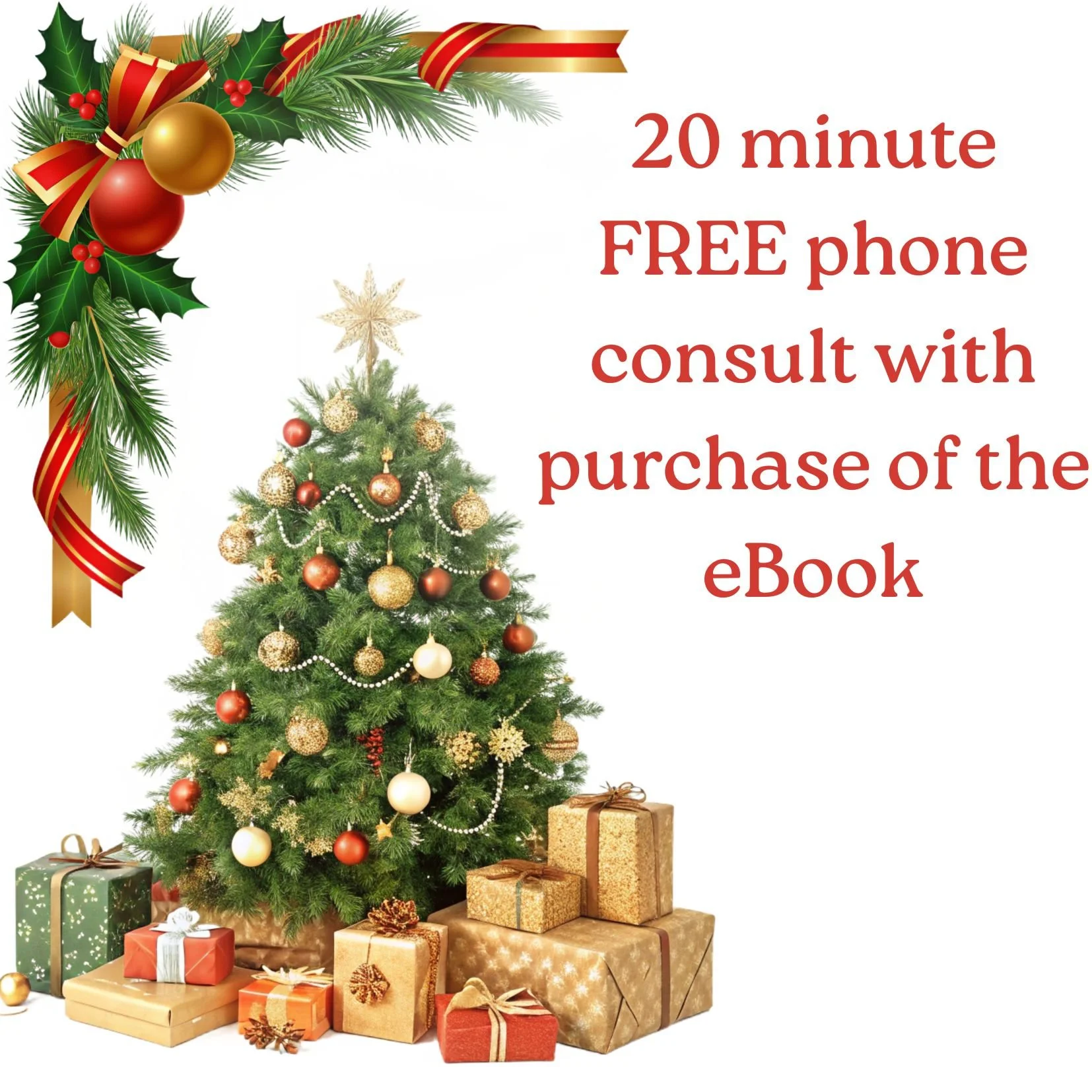 A decorated Christmas tree with gold and red ornaments, surrounded by wrapped presents, with a holiday floral border and promotional text about a free phone consultation with the purchase of an eBook.