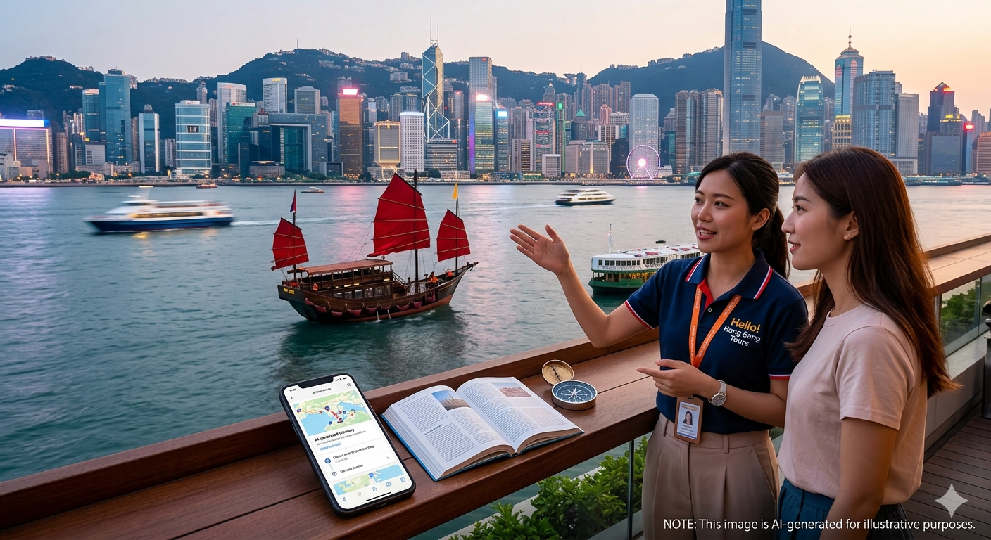 A scenic twilight view of the Victoria Harbour, Hong Kong with a Hello Hong Kong guide and guest