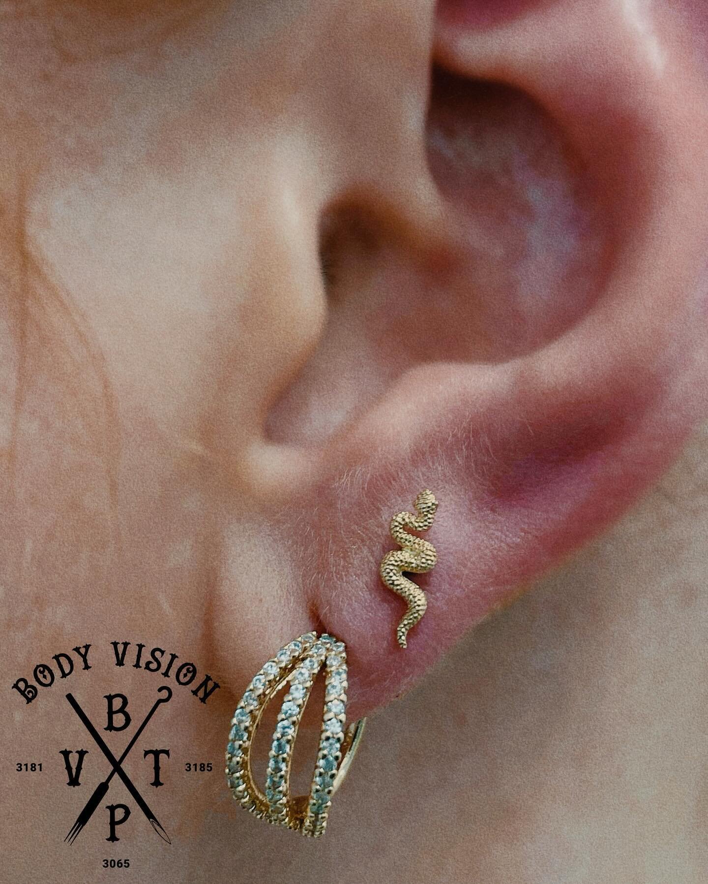 Mini Serpent- Welcome to the party! Serpent slithers into the party with elegance and edge all at once. Our new, textured snake elevates with movement &amp; flair in a variety of ear piercings as well as nose &amp; lip piercings. 

For all Bookings, 