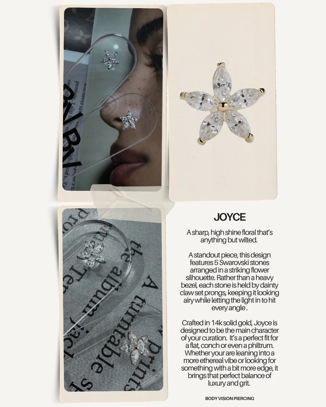 Joyce 🌼

While most floral jewellery leans soft, the claw set gems on this piece create a sharper, more defined silhouette. It hits that &ldquo;shadow and thorn&rdquo; energy perfectly! Botanical, but with a structural edge that makes a statement.


