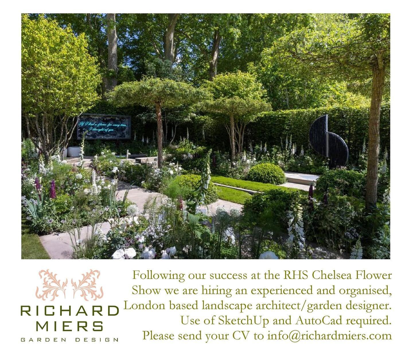 Richard Miers Garden Design Ltd is looking for a full- time, experienced and enthusiastic
Garden Designer or Landscape Architect to join its thriving practice in Kensington.
This position would particularly suit someone with who has relevant profes