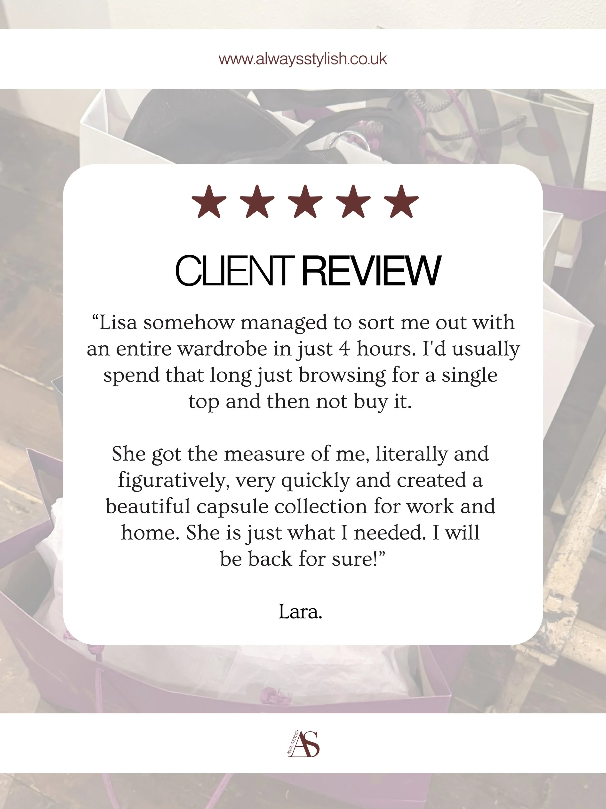 Sharing a recent review from a client with an extremely busy life who simply had no mental or physical capacity to shop for either her professional or personal wardrobe.

Between work, responsibilities and the demands of everyday life, shopping had b