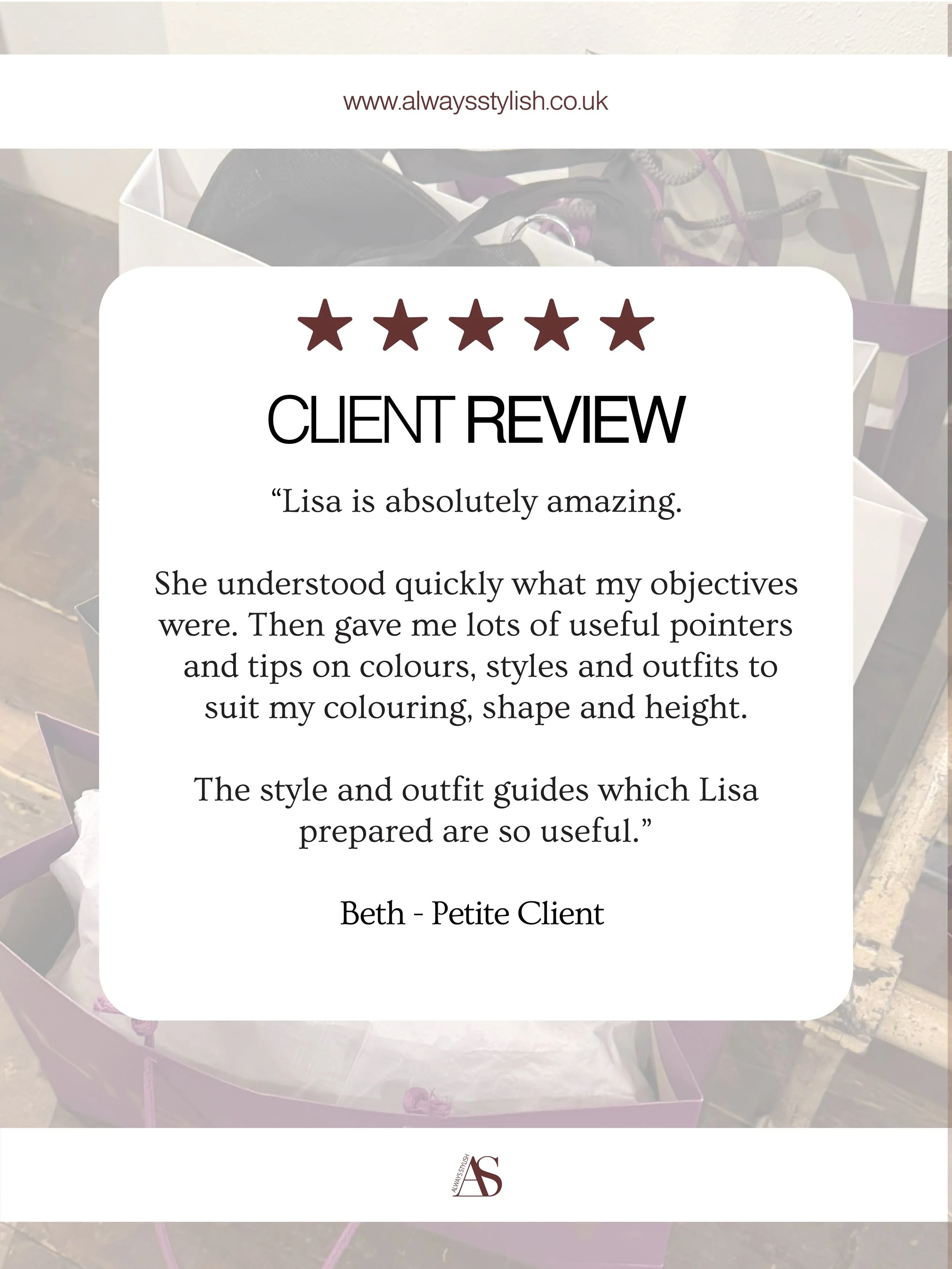 Two very different client reviews, and both say something important about what I do. 

The first is from a petite client. Petite women make up a substantial proportion of my clients, and finding the right clothes can be particularly difficult when yo