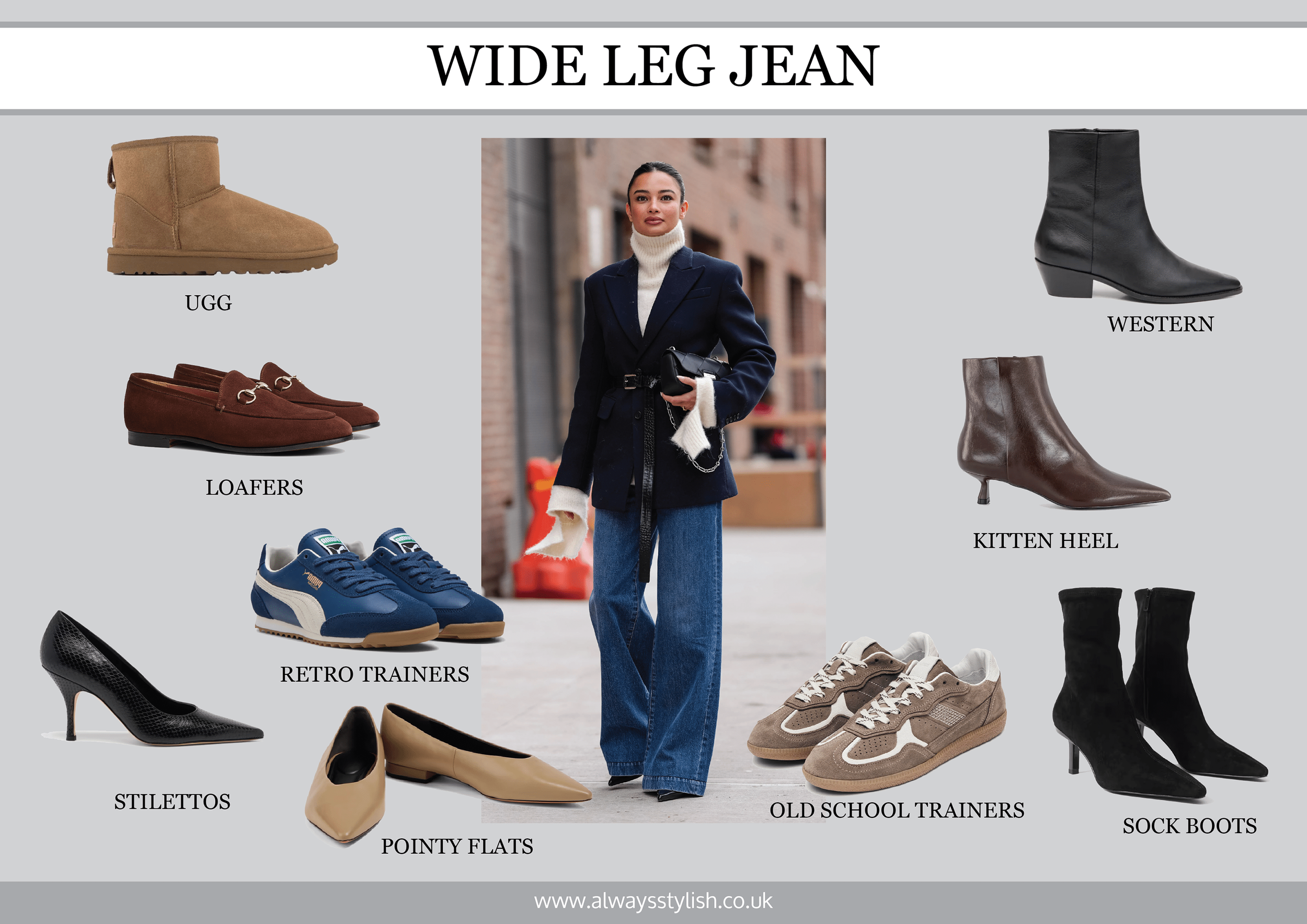 what shoes to wear with wide leg jeans for women