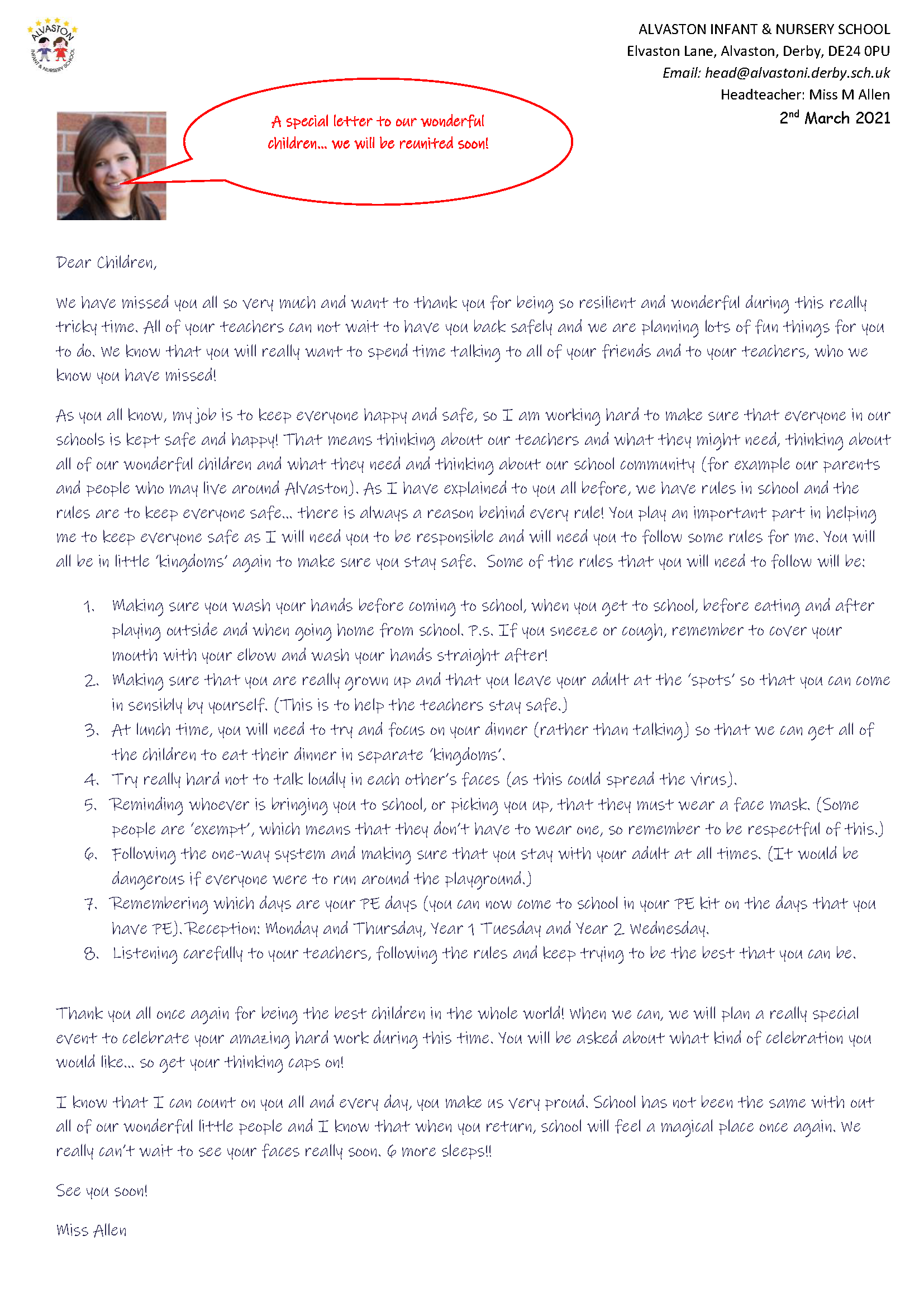 Welcome Back Letter for the Children!